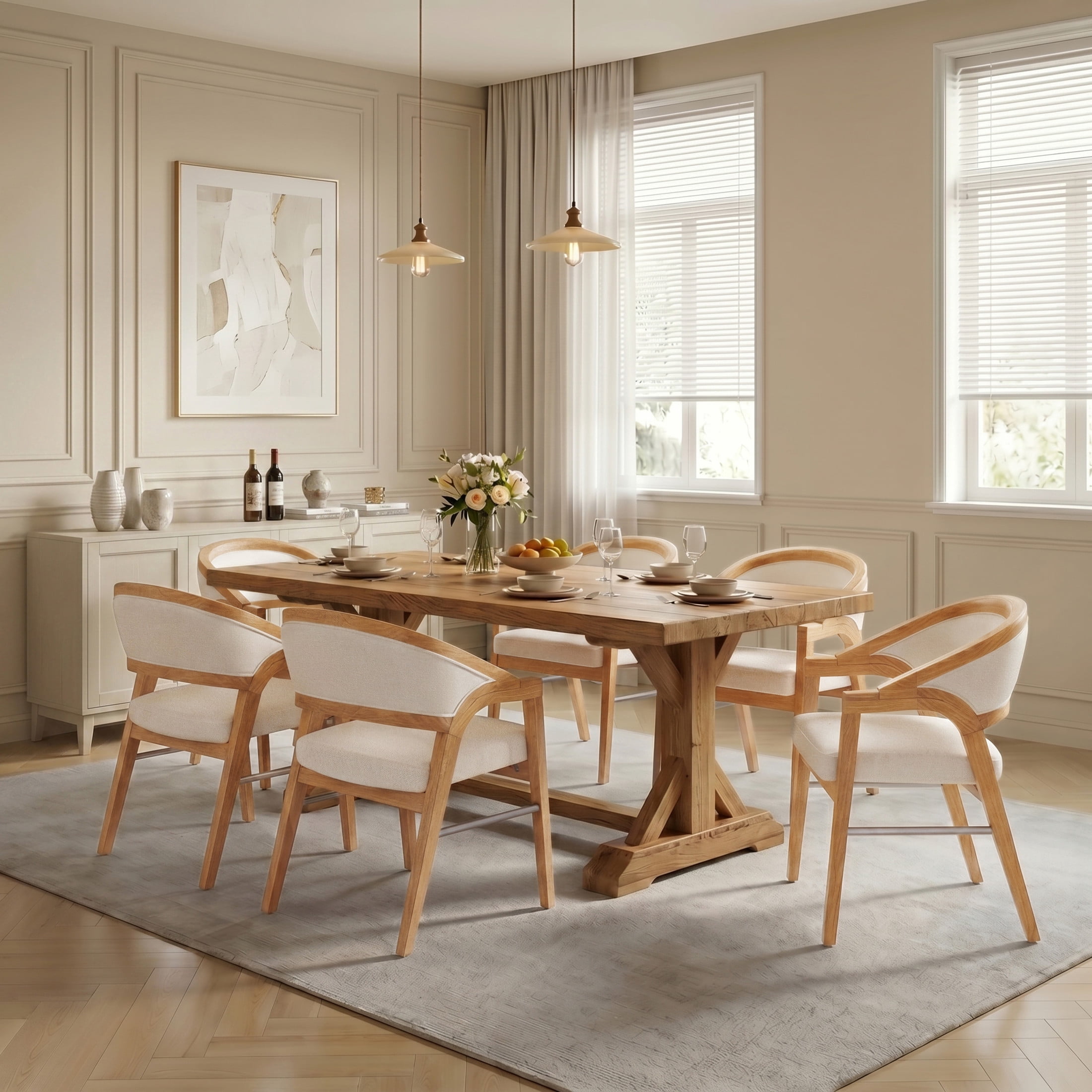 Christopher Knight Home Modern Upholstered Dining Chairs, Solid Wood Frame, Natural+White, Set of 6