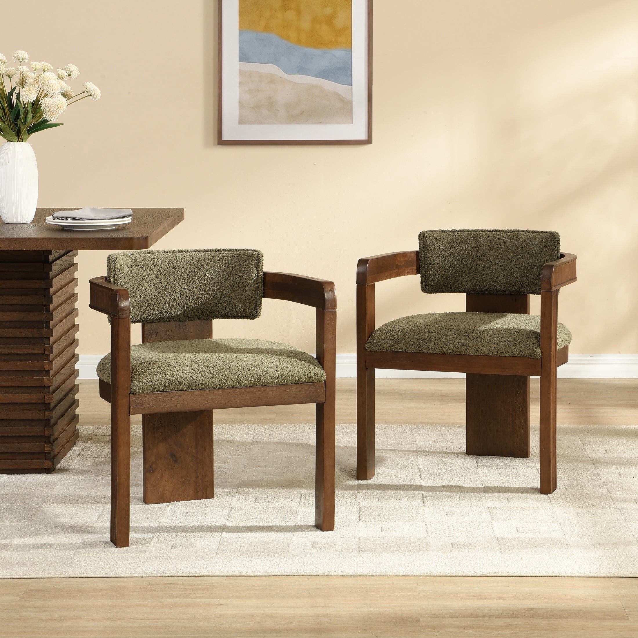 Christopher Knight Home Modern Upholstered Dining Chairs with Curved U-Back, Walnut+Green, Set of 2