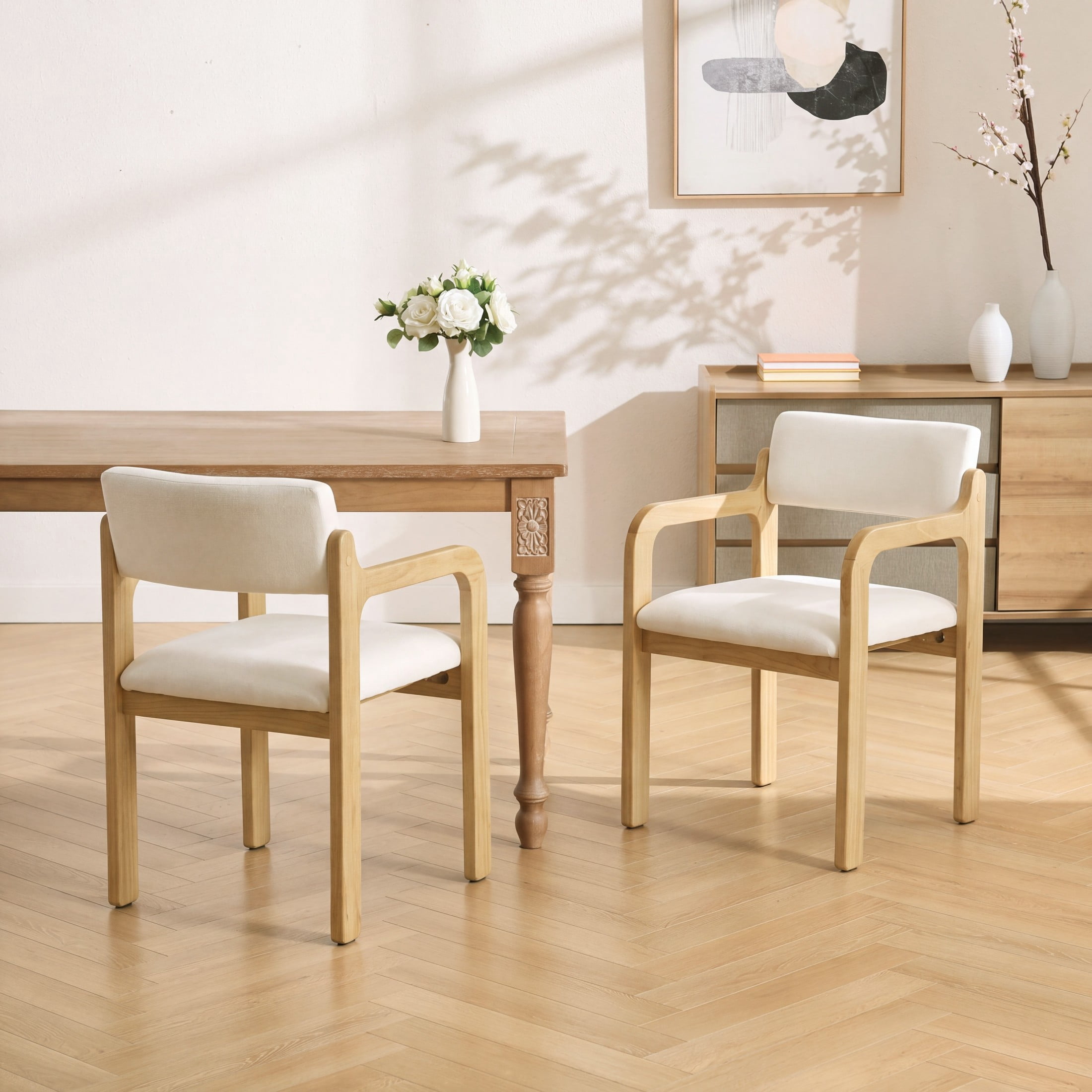 Christopher Knight Home Modern Upholstered Dining Chairs with Wood Frame, Natural+Beige, Set of 2