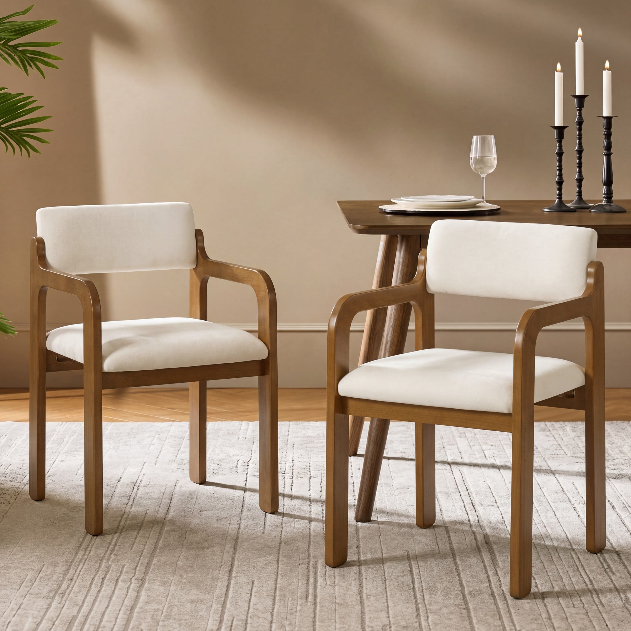 Christopher Knight Home Modern Upholstered Dining Chairs with Wood Frame, Walnut+Beige, Set of 2