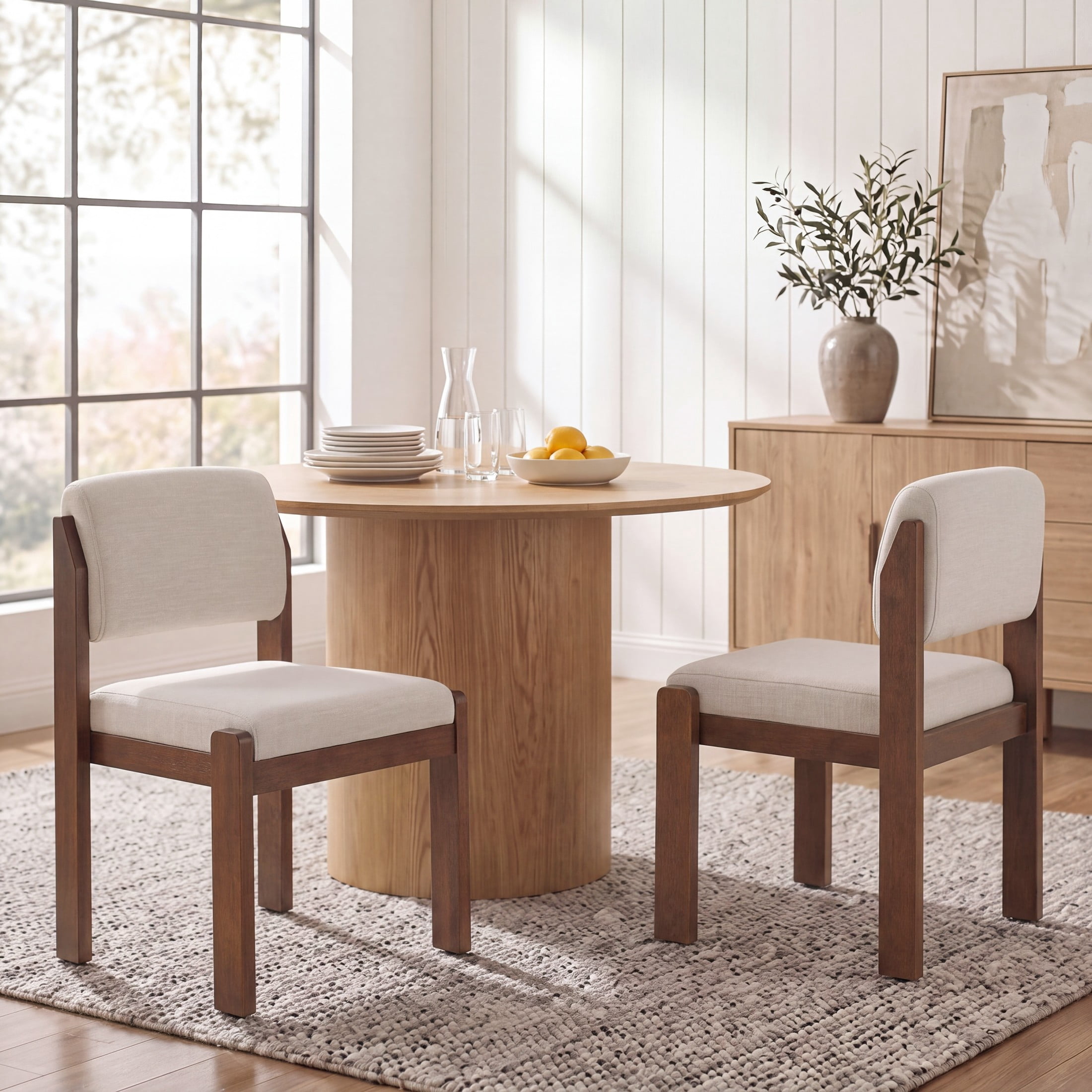 Christopher Knight Home Modern Upholstered Dining Side Chairs, Wood Frame, Walnut+Beige, Set of 2