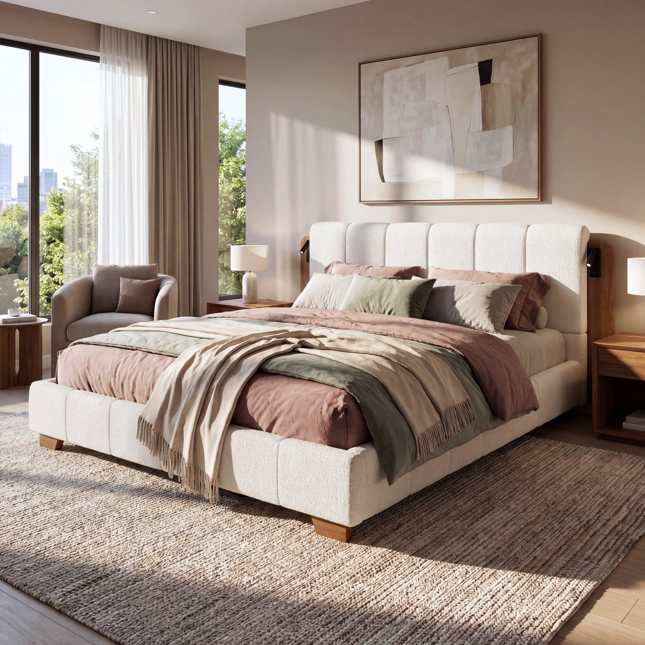 Christopher Knight Home Modern Upholstered Platform Bed with Built-in Reading Lights, King, White+Brown