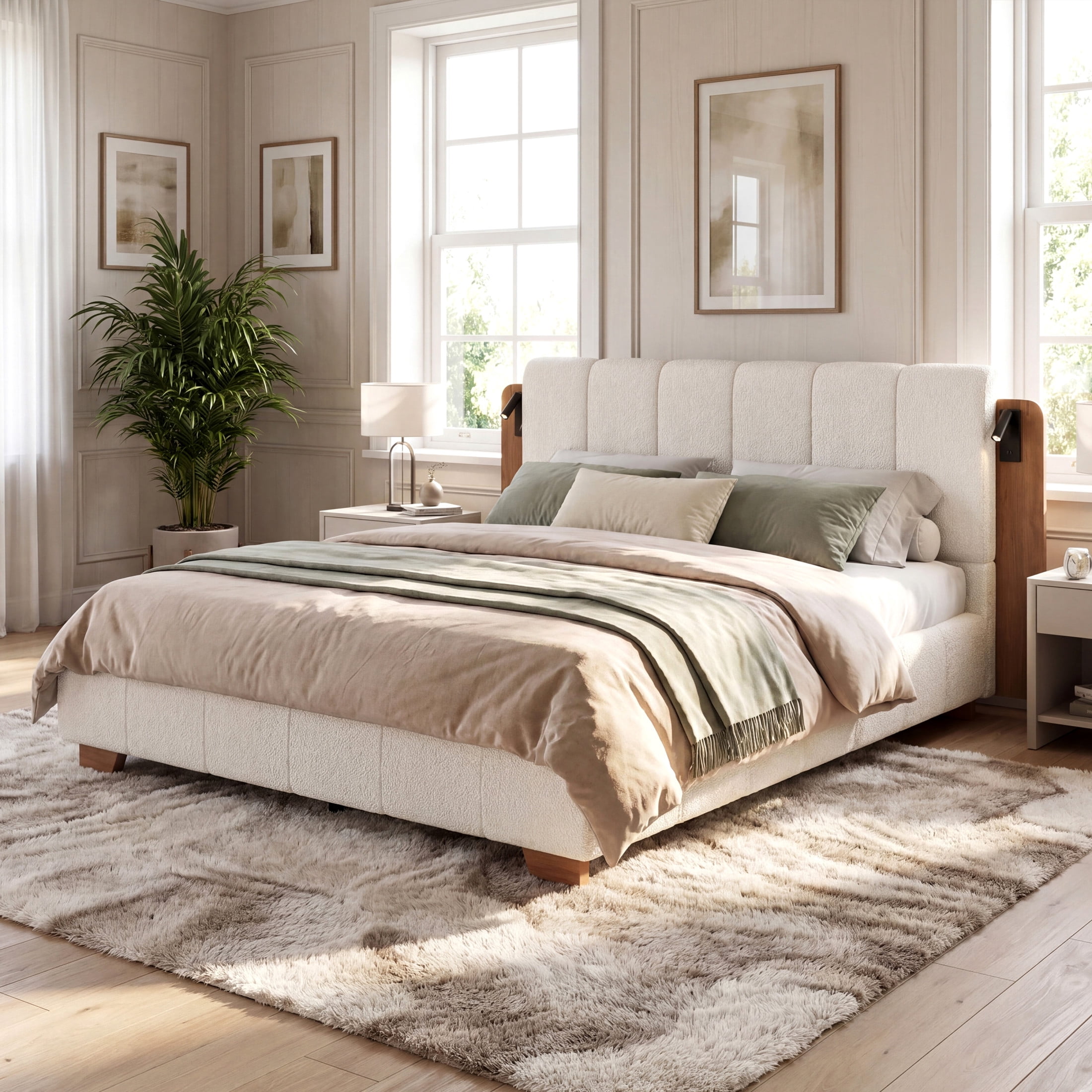 Christopher Knight Home Modern Upholstered Platform Bed with Built-in Reading Lights, Queen, White+Brown