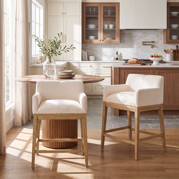 Christopher Knight Home Modern Upholstered Wood Counter Stools with Armrests, Natural+Beige, Set of 2