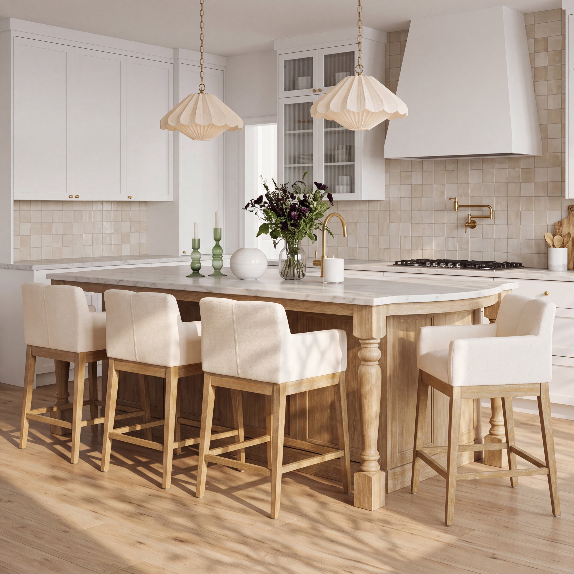 Christopher Knight Home Modern Upholstered Wood Counter Stools with Armrests, Natural+Beige, Set of 4