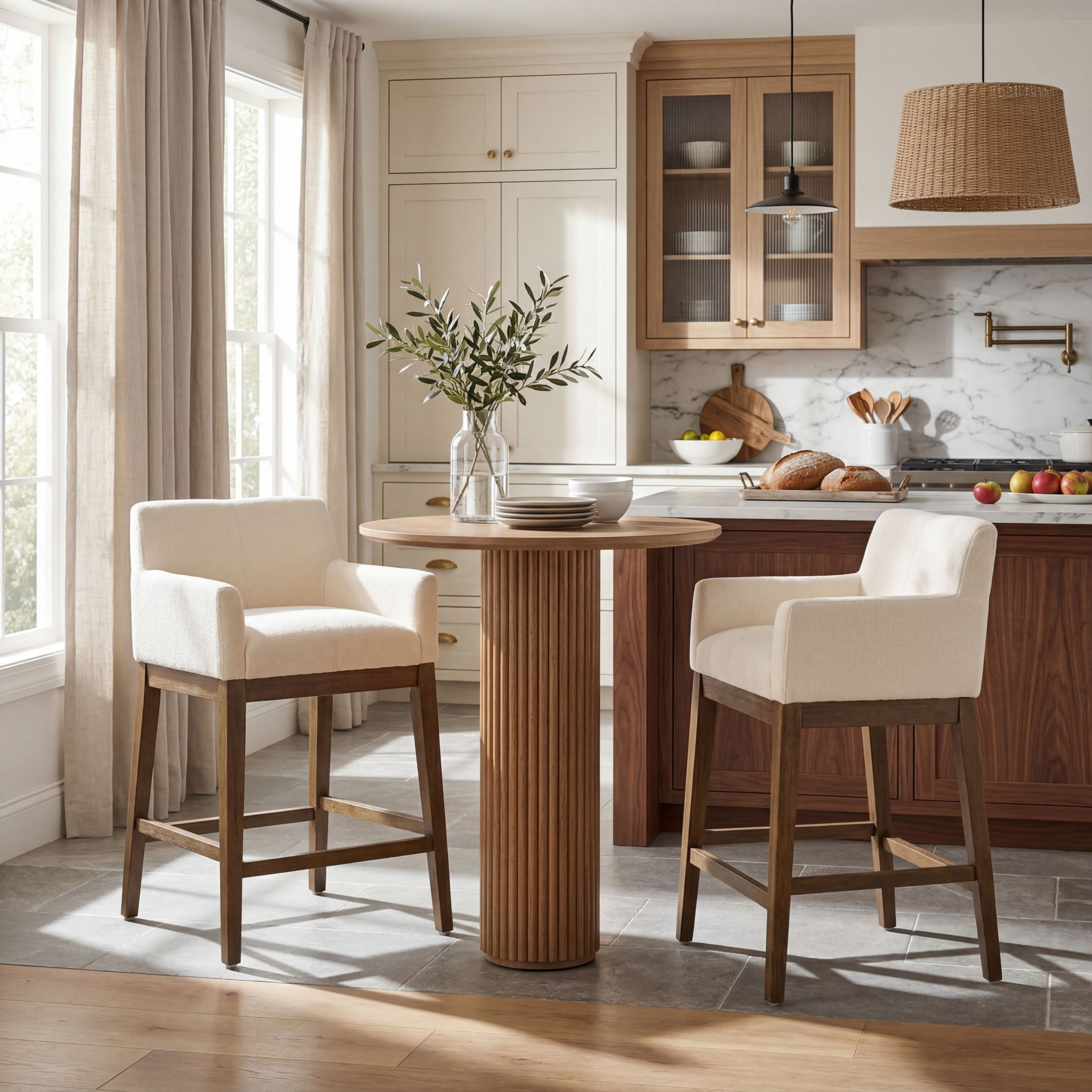 Christopher Knight Home Modern Upholstered Wood Counter Stools with Armrests, Walnut+Beige, Set of 2