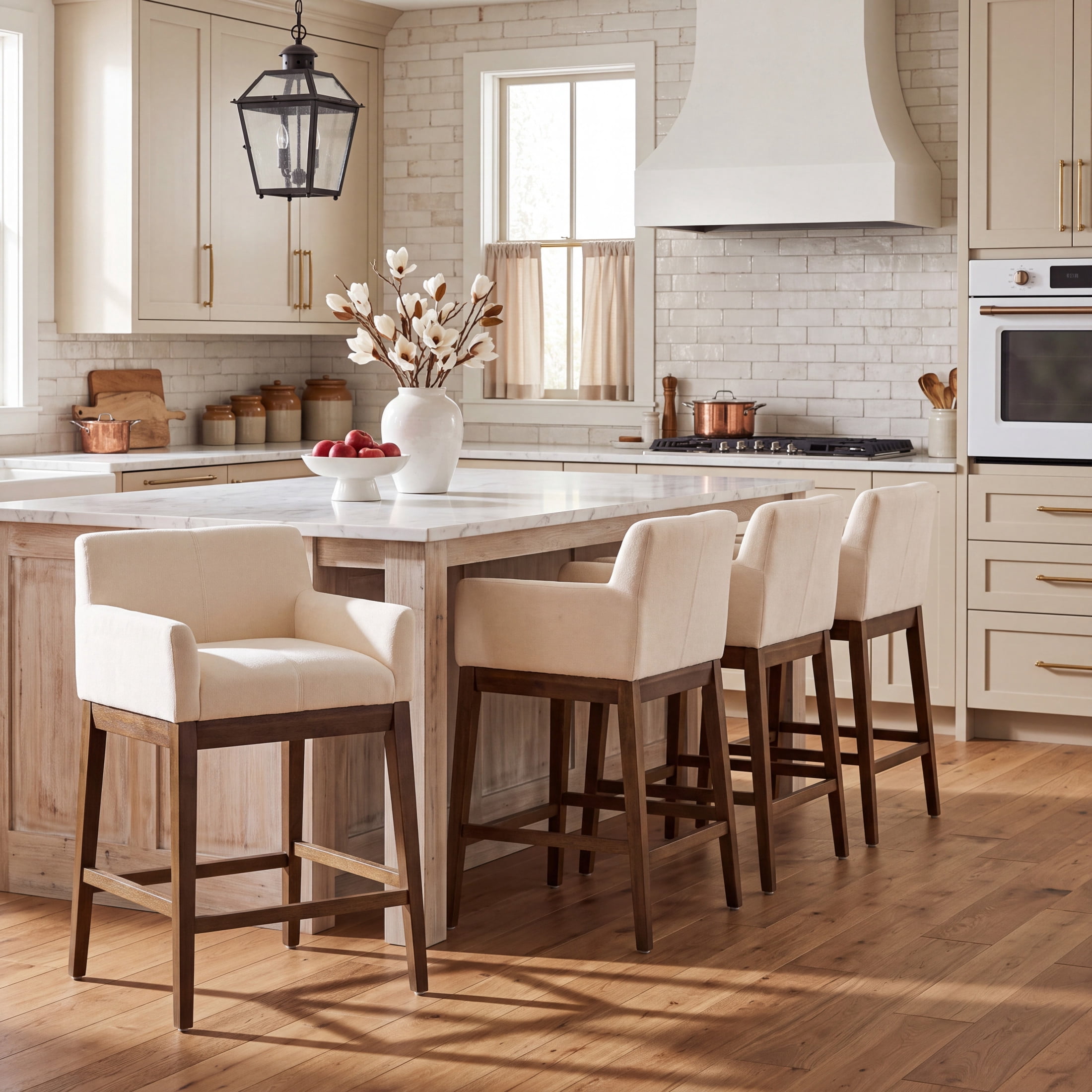 Christopher Knight Home Modern Upholstered Wood Counter Stools with Armrests, Walnut+Beige, Set of 4