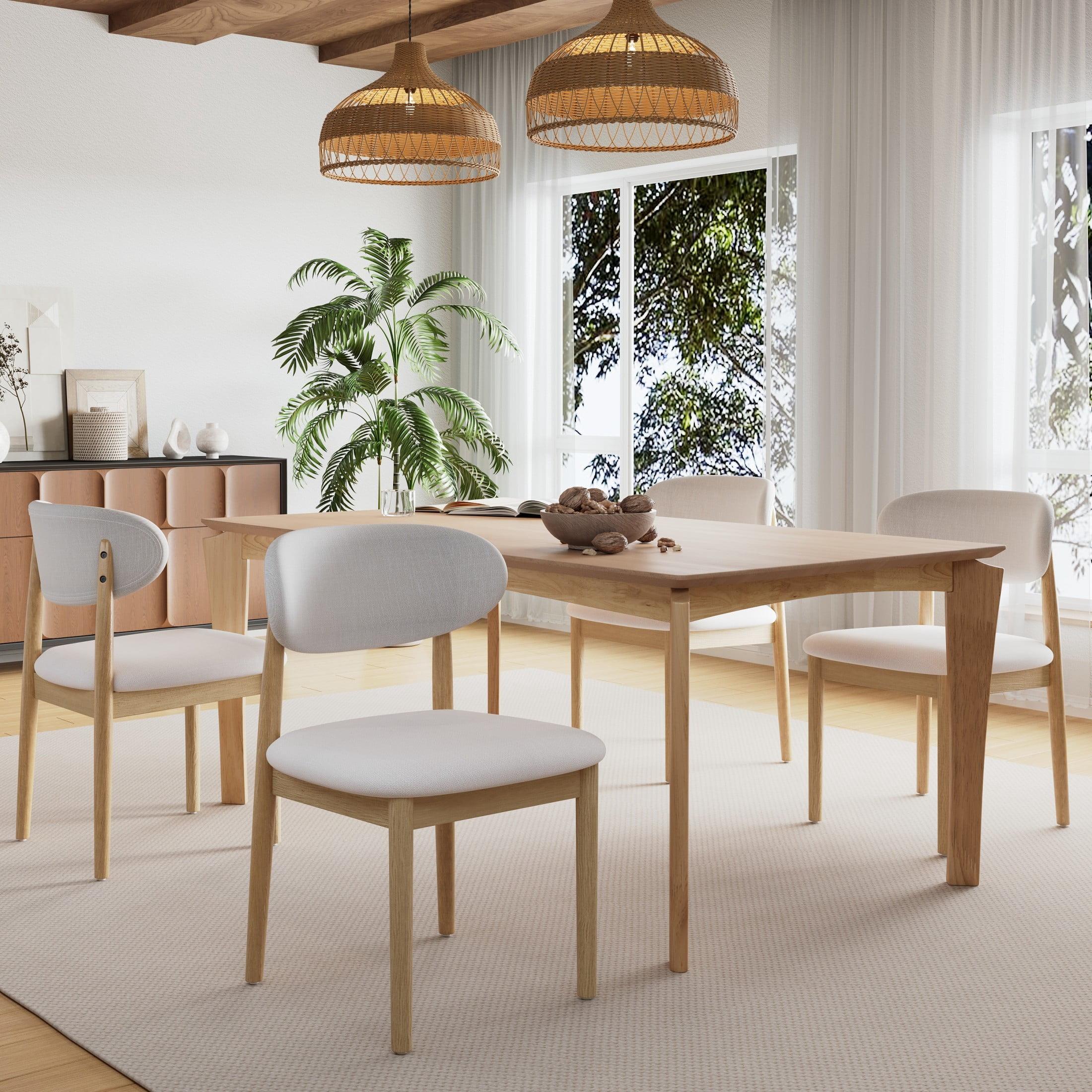 Christopher Knight Home Modern Upholstery Dining Side Chairs, Curved Back, Wood Frame, Natural+Beige, Set of 4