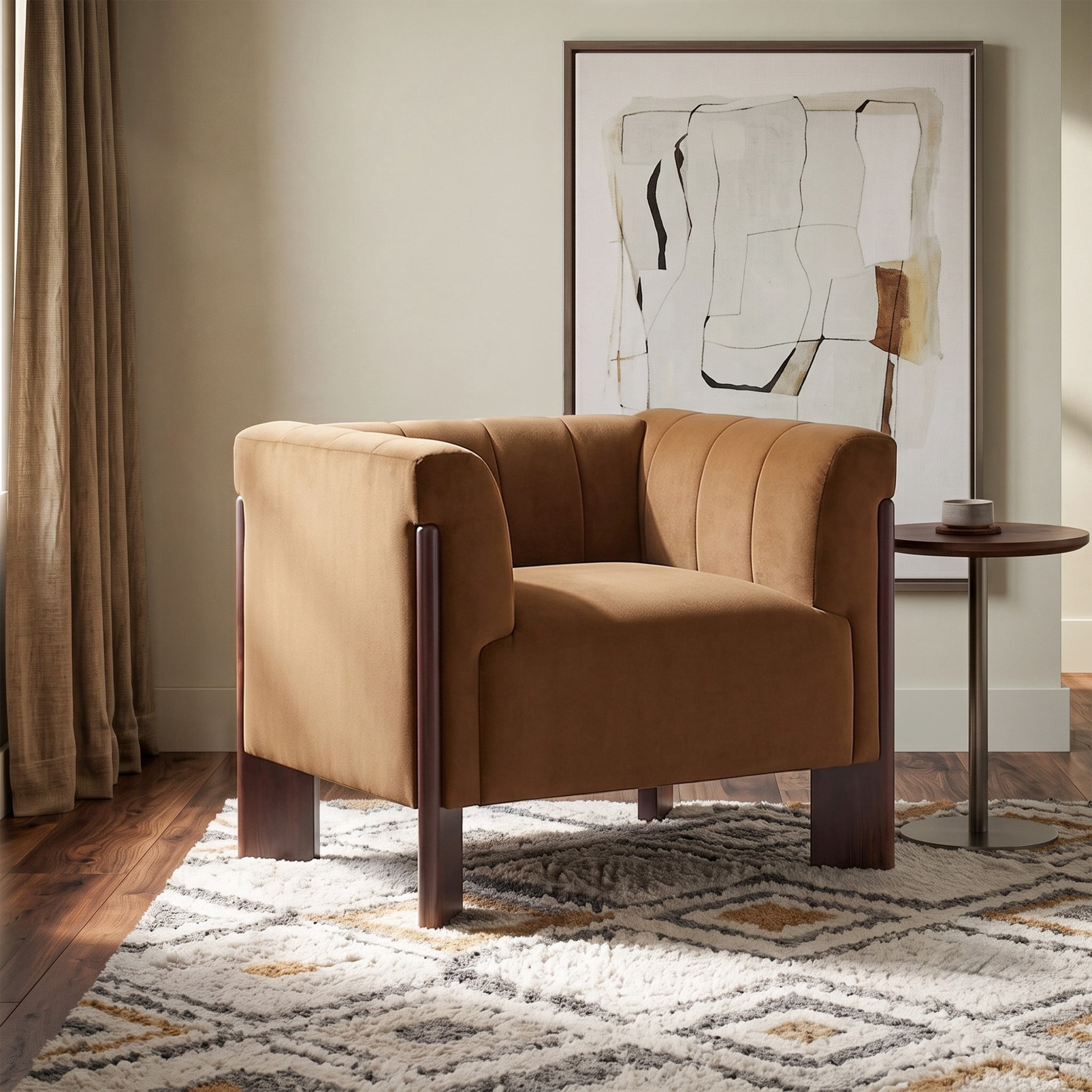 Christopher Knight Home Modern Velvet Accent Chair with Channel Tufted Back and Wooden Legs, Yellow Brown