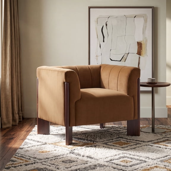 Christopher Knight Home Modern Velvet Accent Chair with Channel Tufted Back and Wooden Legs, Yellow Brown