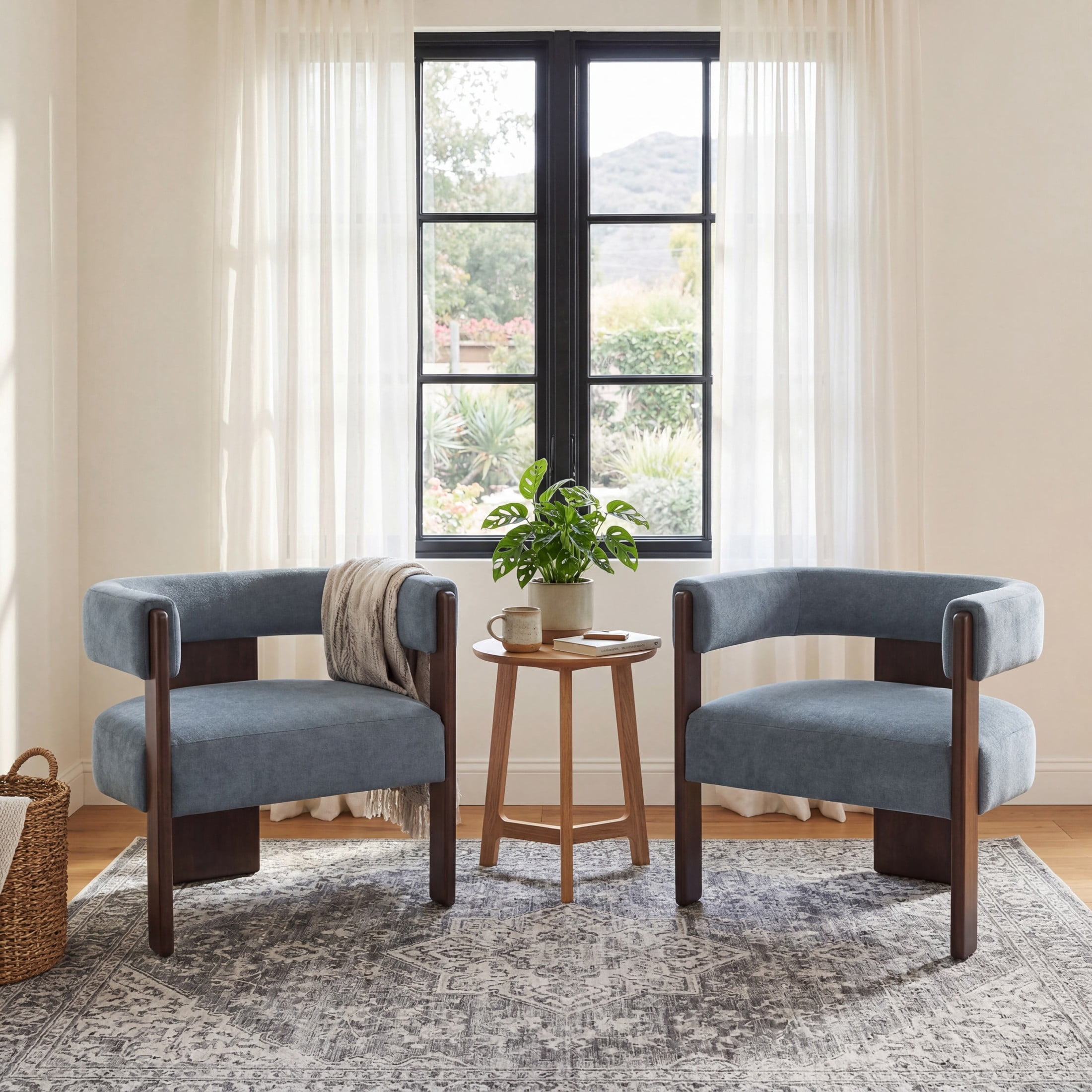 Christopher Knight Home Modern Velvet Upholstered Accent Armchair with Barrel Back, Wood Legs, Dusky Blue, Set of 2