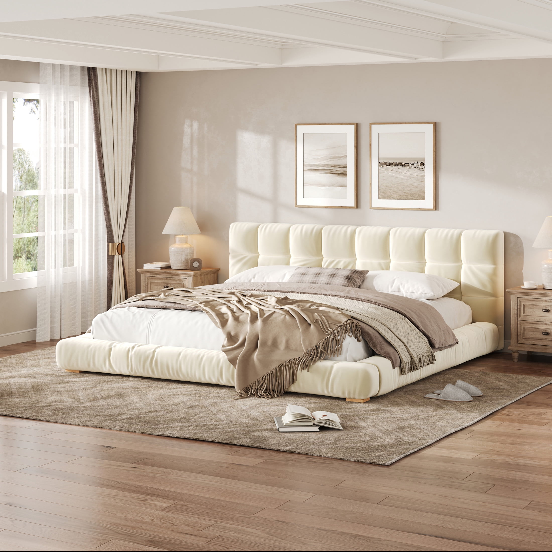 Christopher Knight Home Modern Velvet Upholstered Platform Bed with Channel Tufted Headboard, King, Beige