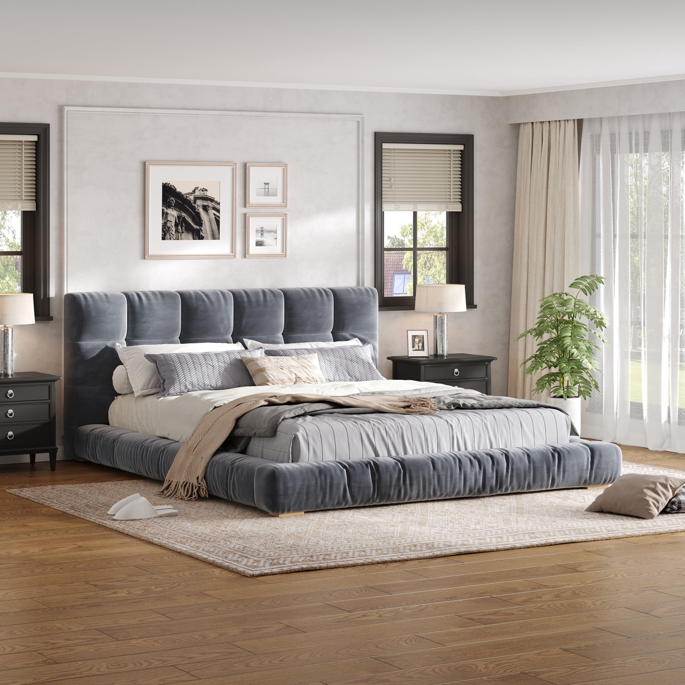 Christopher Knight Home Modern Velvet Upholstered Platform Bed with Channel Tufted Headboard, Queen, Gray