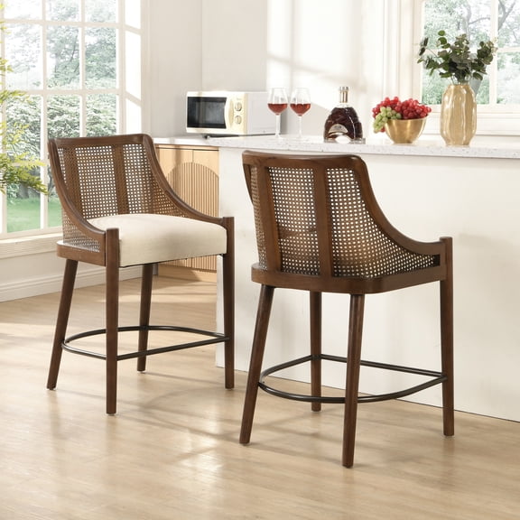 Christopher Knight Home Modern Wood Counter Stools with Cane Back, Upholstered Seat, Walnut+Beige, Set of 2
