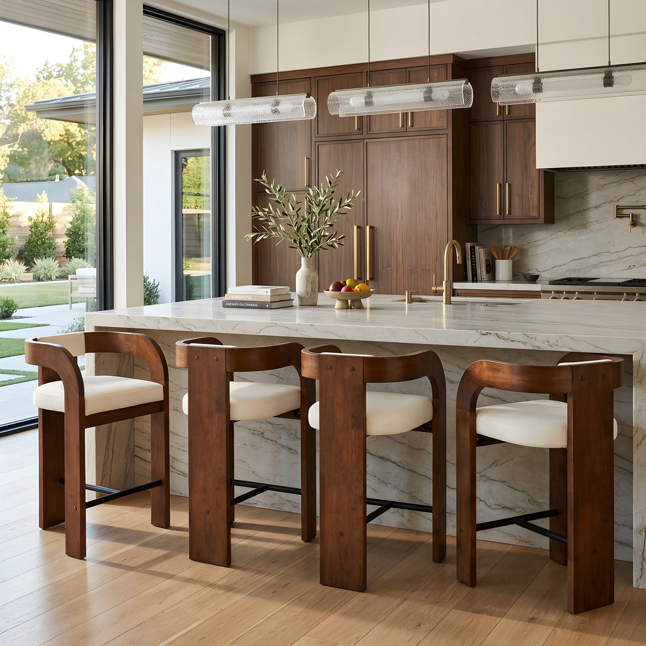 Christopher Knight Home Modern Wood Curved Counter Stools with Beige Upholstery, Dark Brown, Set of 4