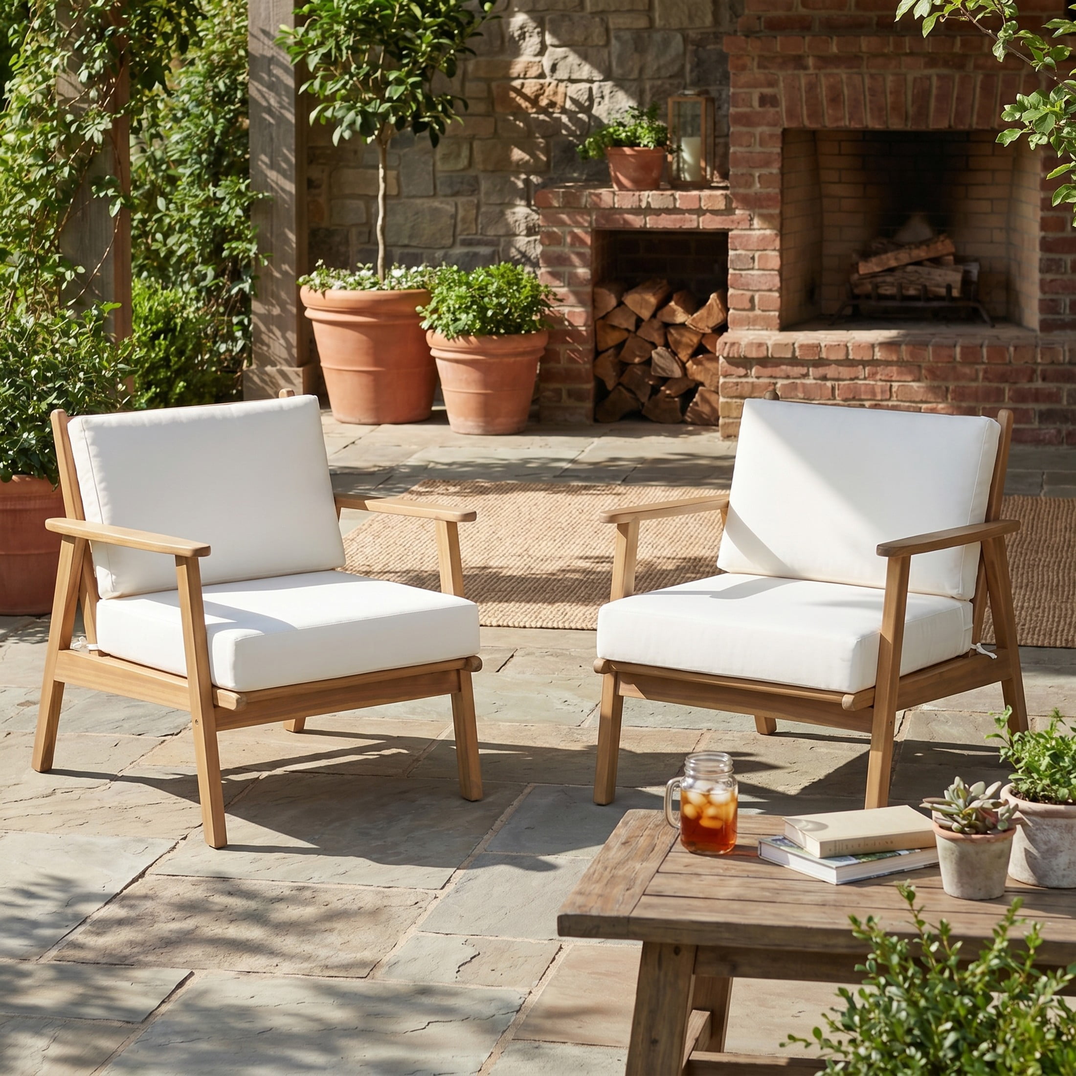 Christopher Knight Home Modern Wood Outdoor Accent Lounge Chair with Cushions, Light Teak+Beige, Set of 2
