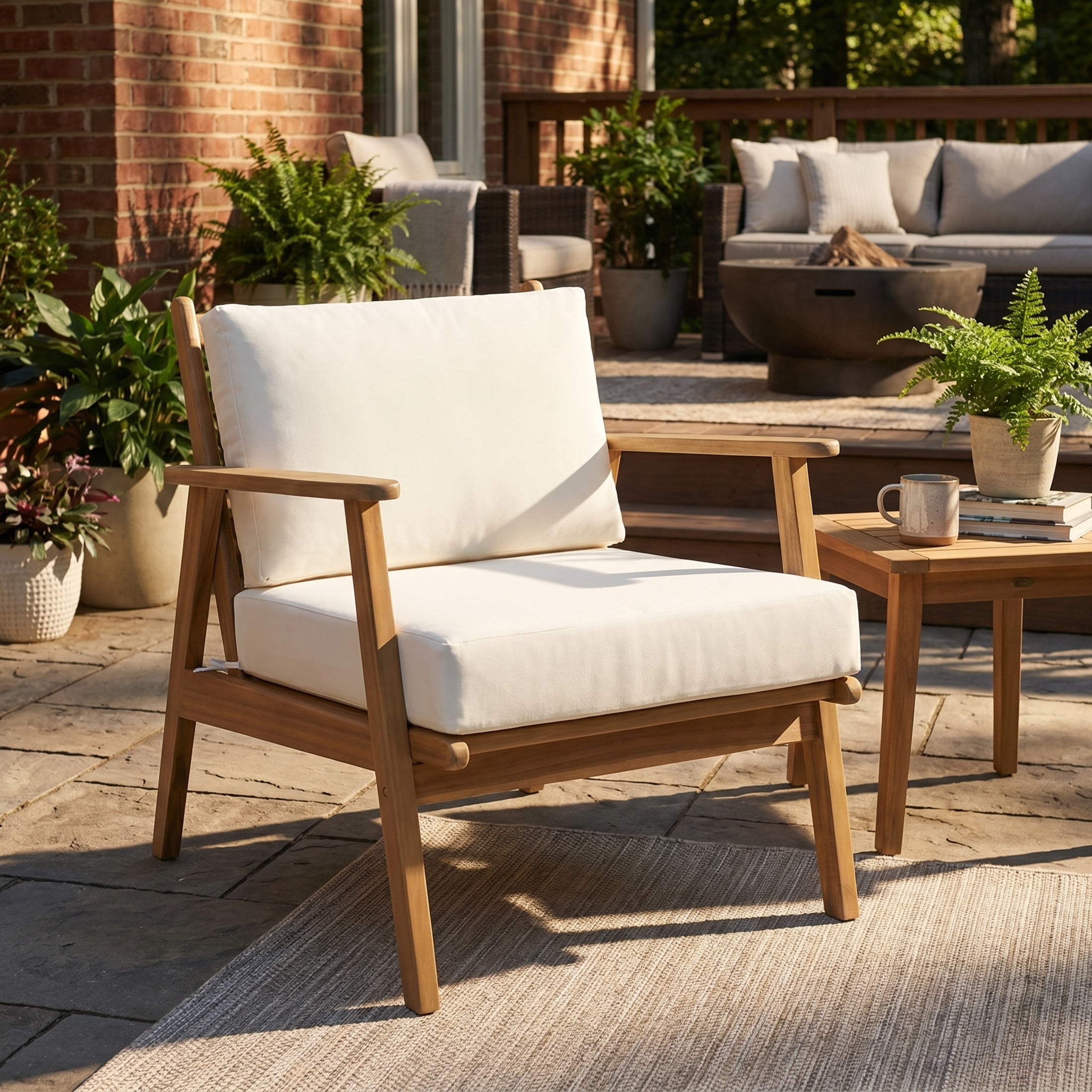 Christopher Knight Home Modern Wood Outdoor Accent Lounge Chair with Cushions, Light Teak+Beige
