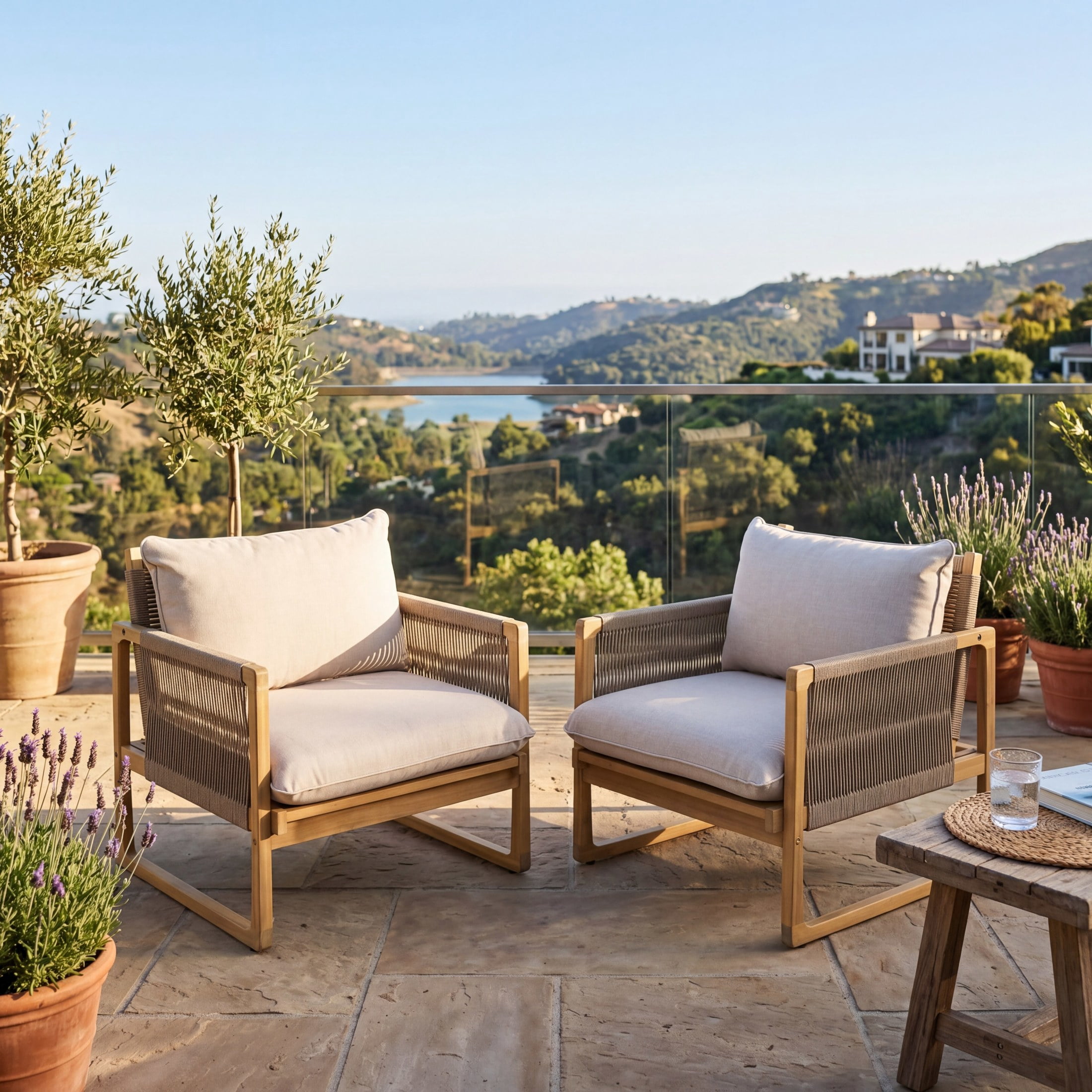 Christopher Knight Home Modern Wood Outdoor Club Chair, Rope Accents and Beige Cushions, Light Teak, Set of 2