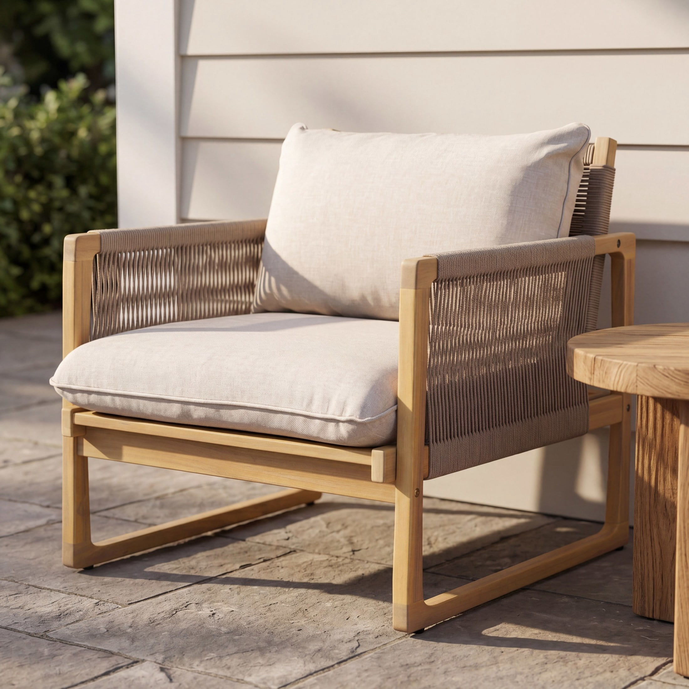 Christopher Knight Home Modern Wood Outdoor Club Chair, Rope Accents and Beige Cushions, Light Teak