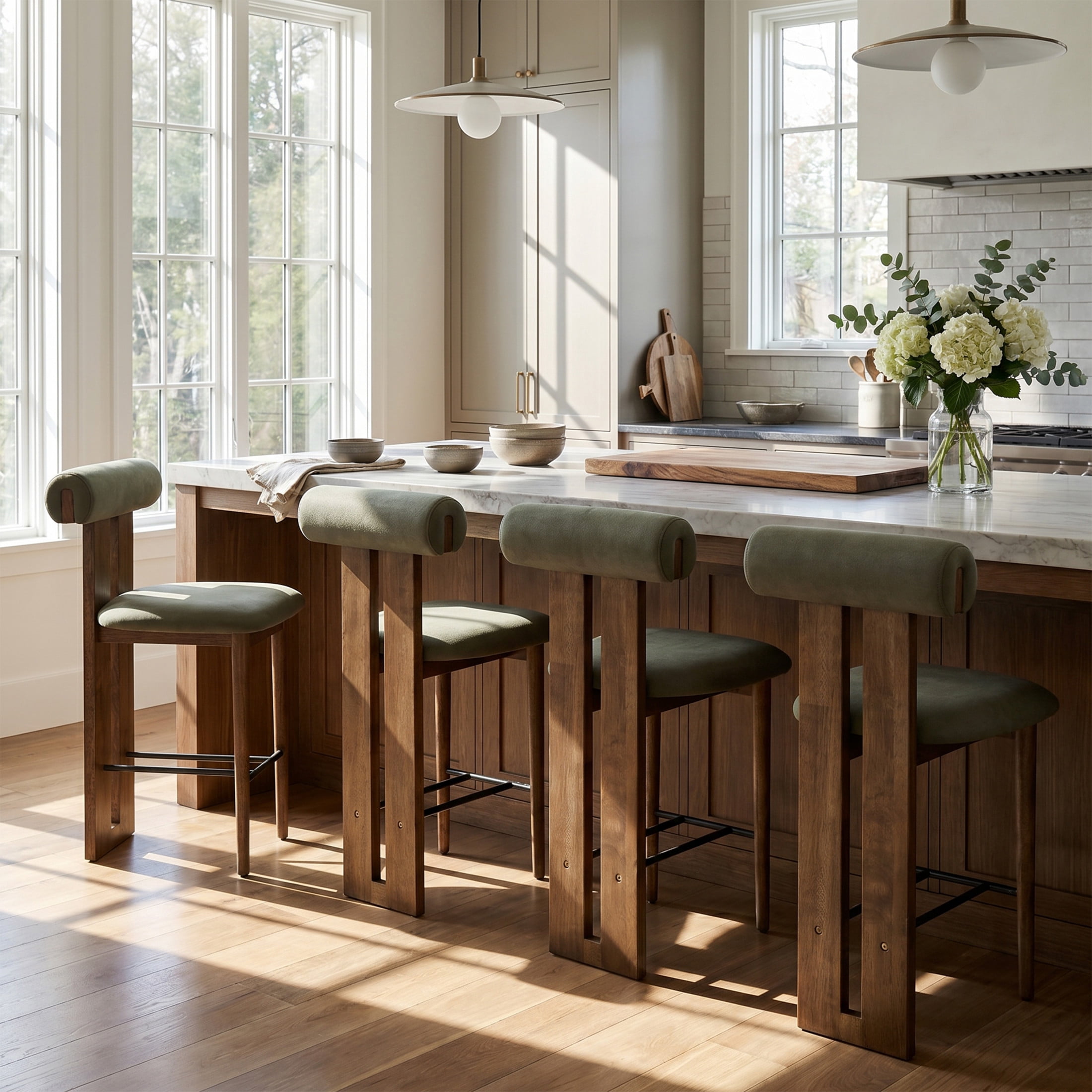 Christopher Knight Home Modern Wooden Counter Stool with Split-Back, Green Upholstery, Set of 4
