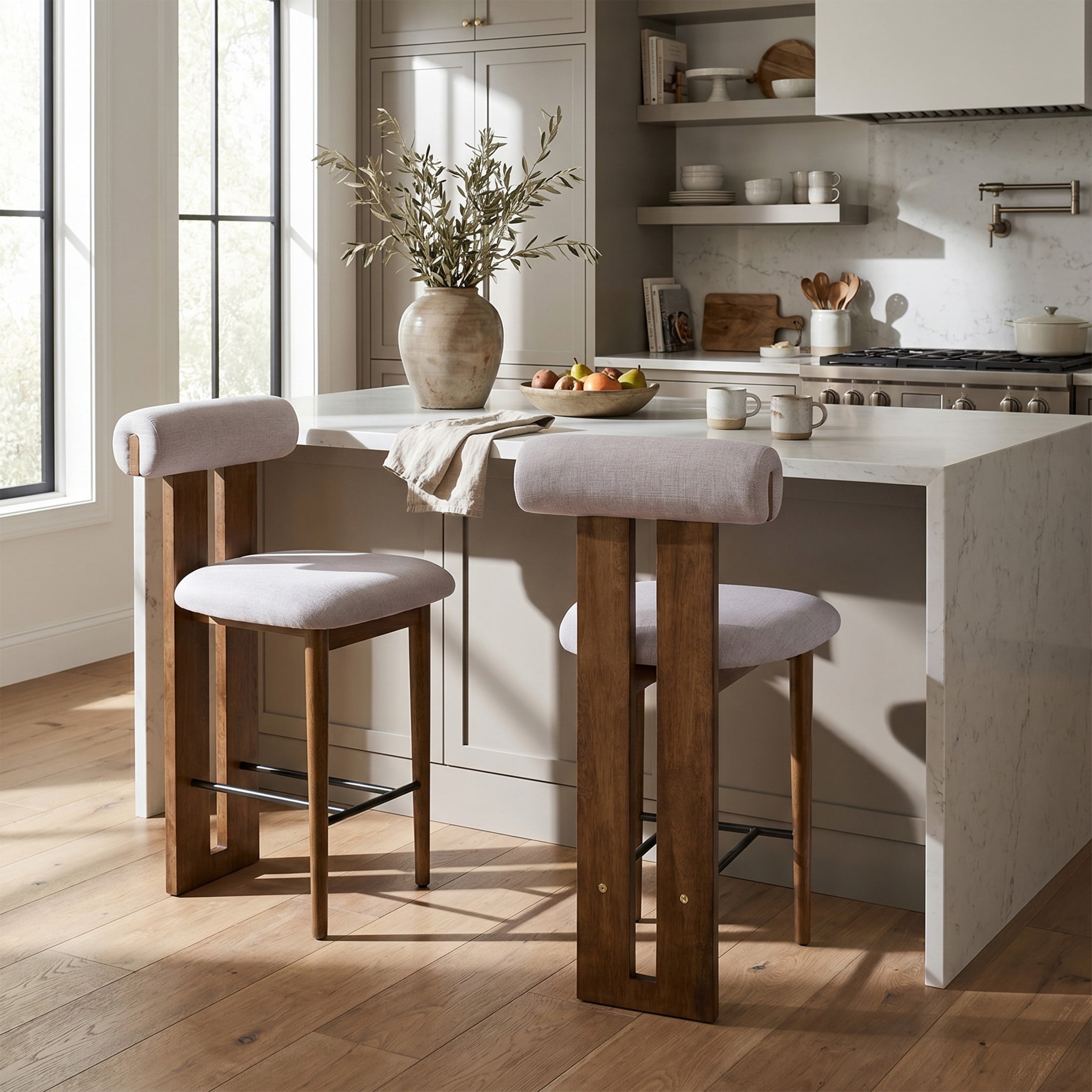 Christopher Knight Home Modern Wooden Counter Stool with Split-Back, Ivory Upholstery, Set of 2