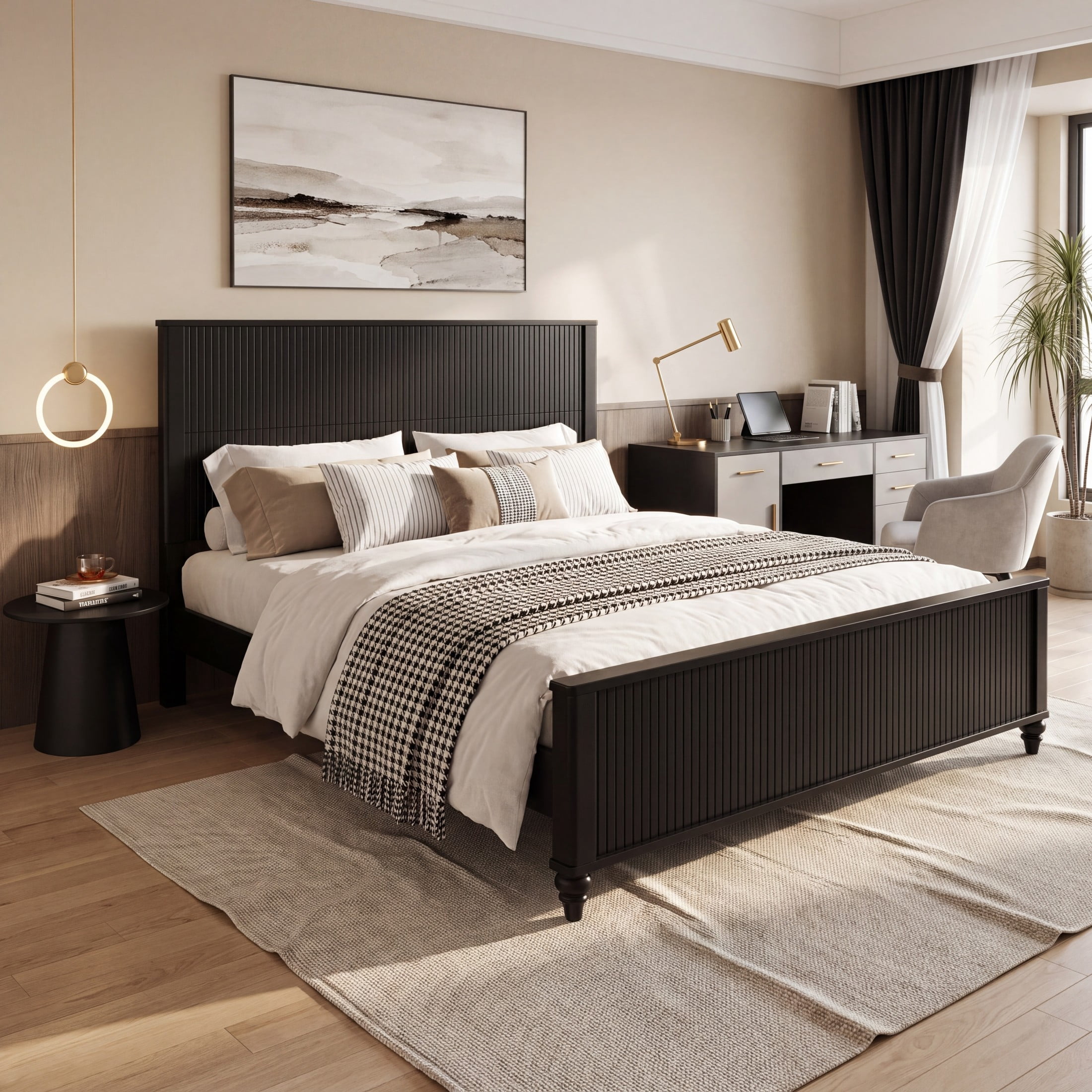 Christopher Knight Home Modern Wooden King Bed Frame with Grooved Headboard and Footboard, Black
