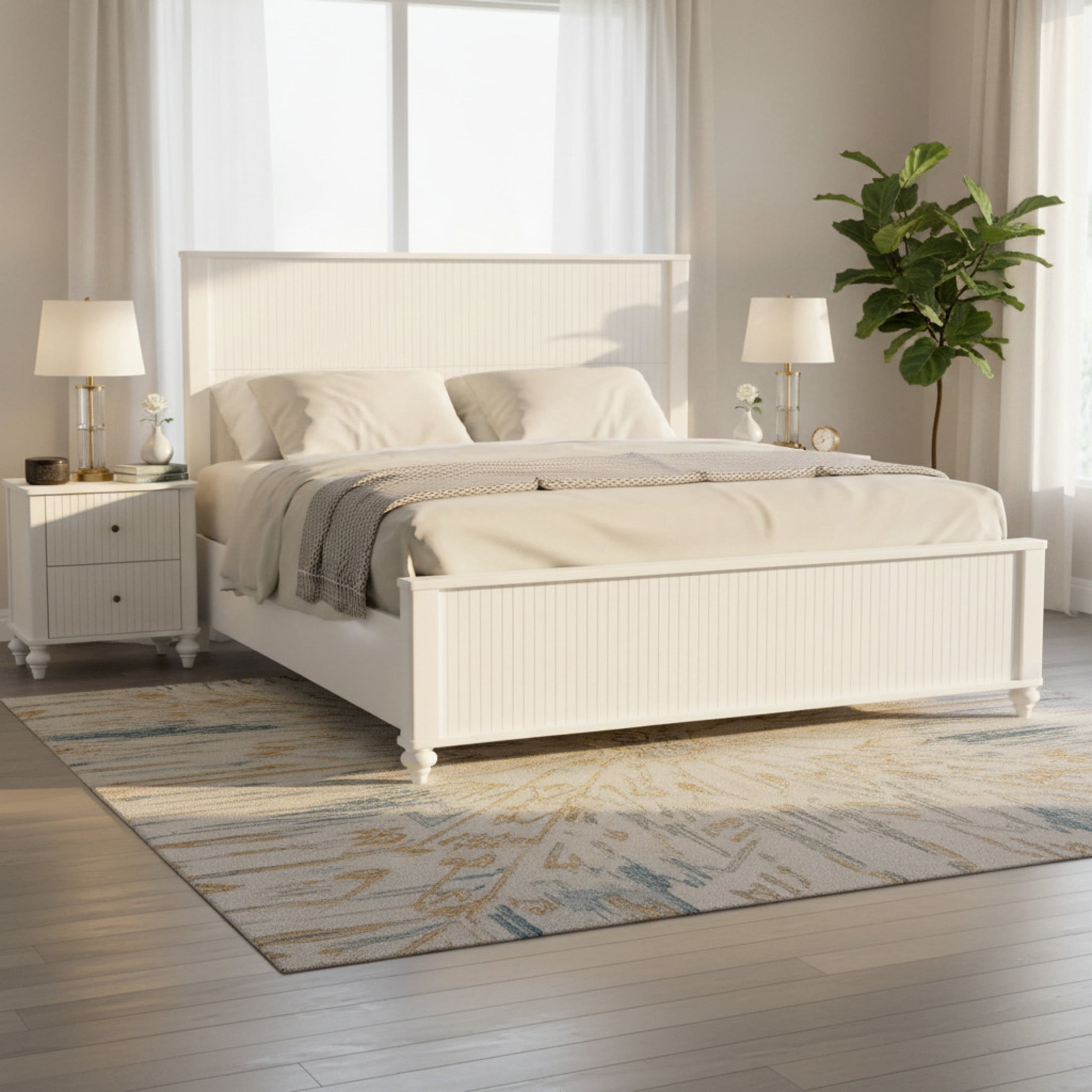 Christopher Knight Home Modern Wooden King Bed Frame with Grooved Headboard and Footboard, White