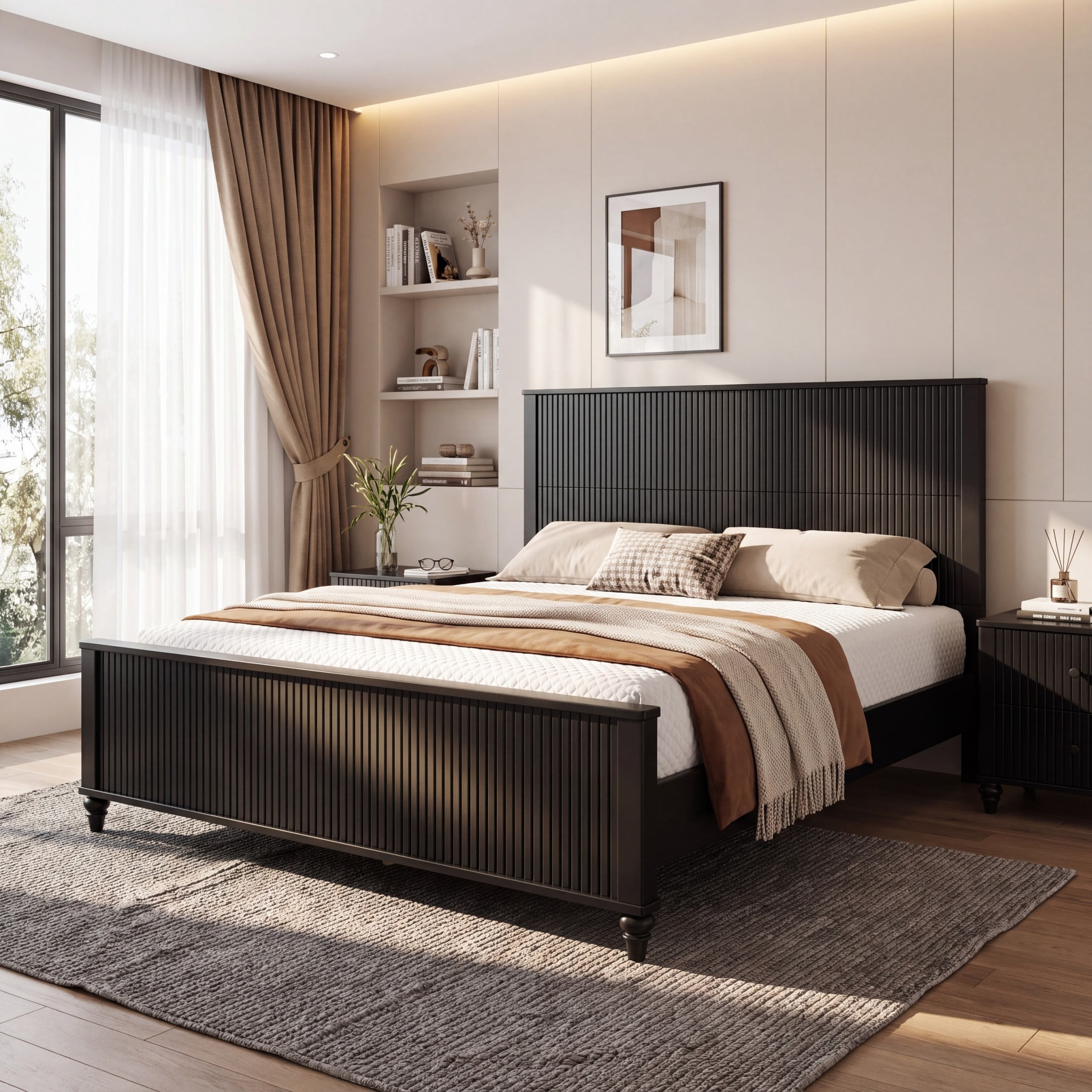 Christopher Knight Home Modern Wooden Queen Bed Frame with Grooved Headboard and Footboard, Black