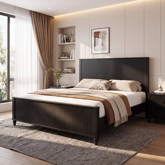 GDF Studio Modern Wooden Queen Bed Frame with Grooved Headboard and Footboard, Black