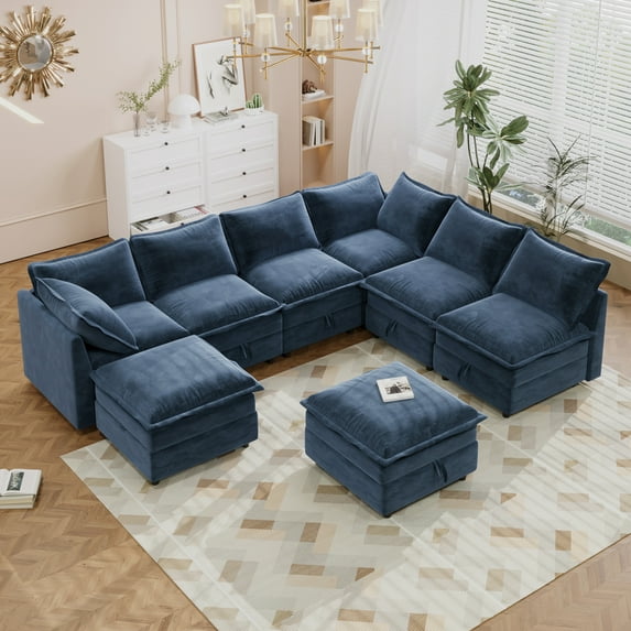 Christopher Knight Home Modular 8-Piece Sectional Sofa with Hidden Storage, Dual-Layer Cushions, Blue