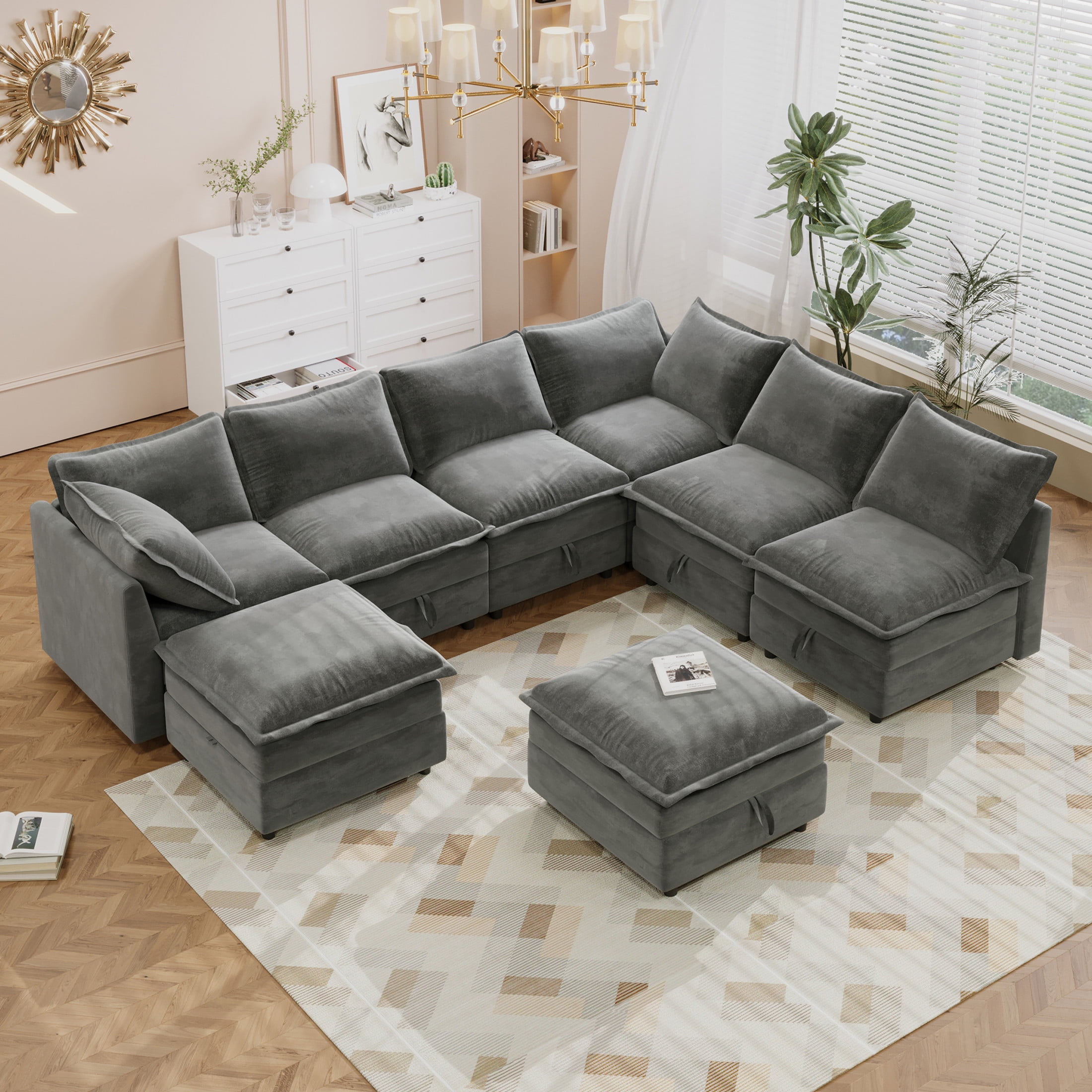 Christopher Knight Home Modular 8-Piece Sectional Sofa with Hidden Storage, Dual-Layer Cushions, Grey