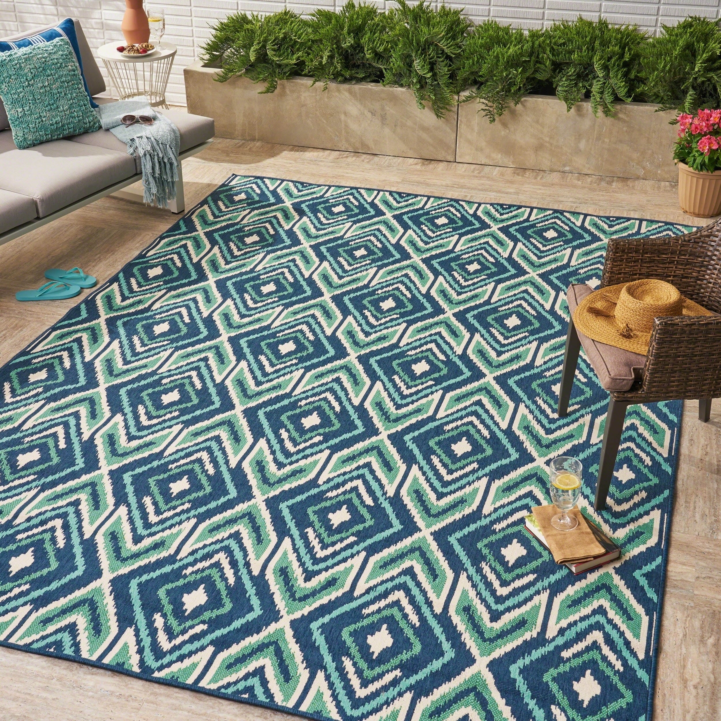 Navy and Green Geometric Rectangular Area Rug