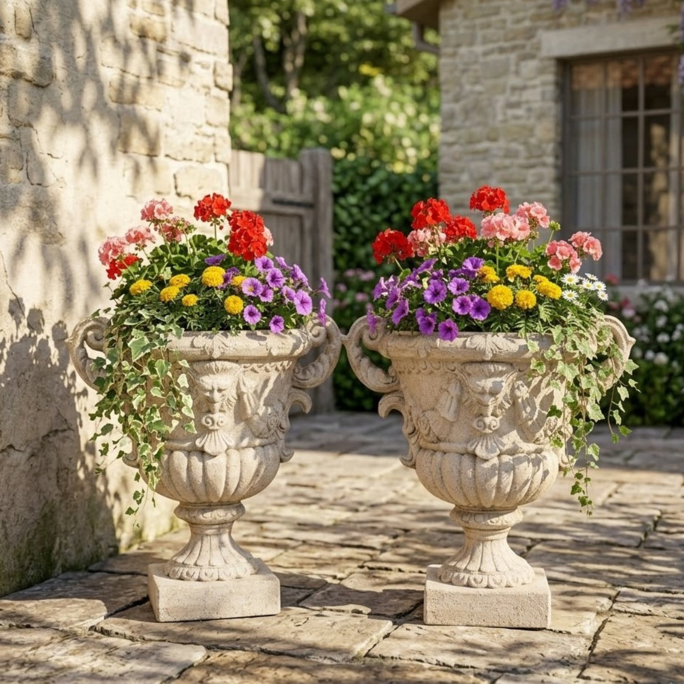 Christopher Knight Home Mythological Relief Urn Planter with Ornate Scroll Handles, Antique White, Set of 2