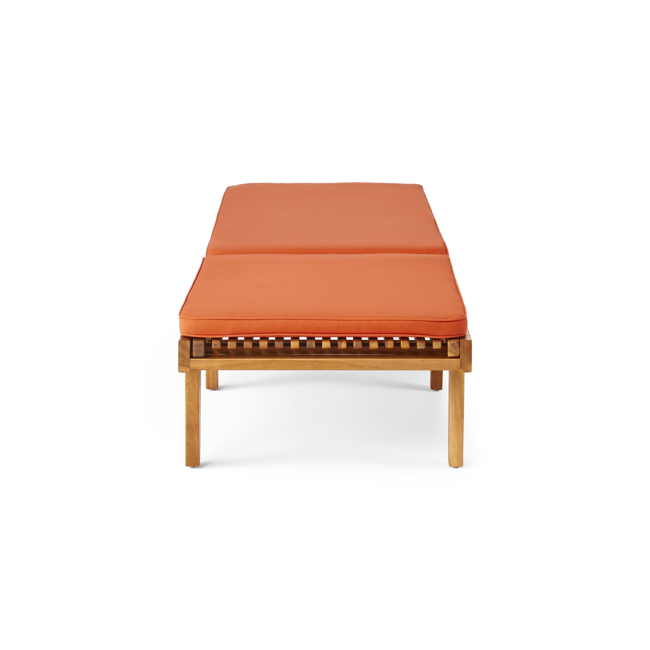 Teak Finish Acacia Wood Chaise Lounge with Rust Orange Cushion