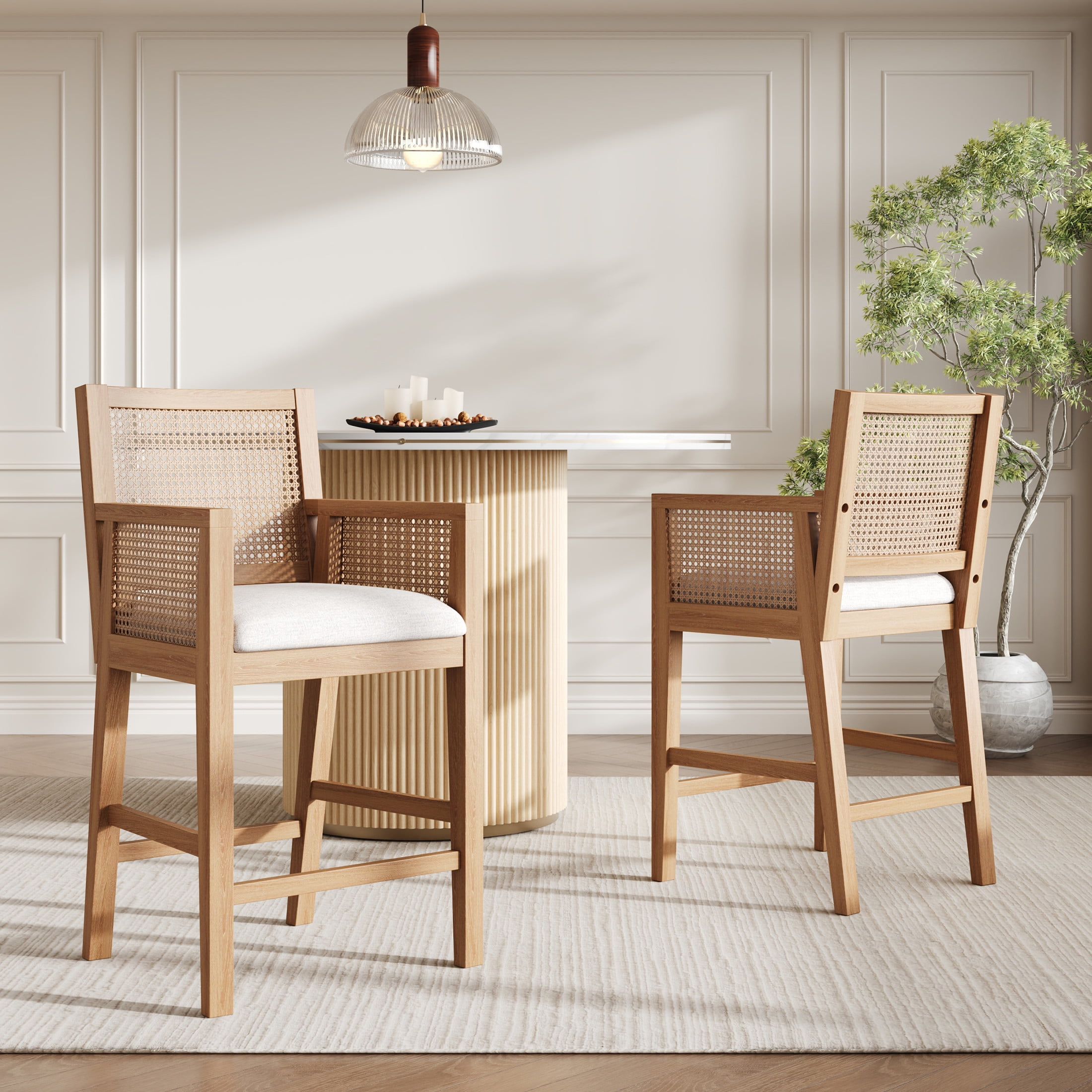 Christopher Knight Home Natural Rattan & Solid Wood Counter Stools, 26" Seat Height, Gray Cushions, Set of 2