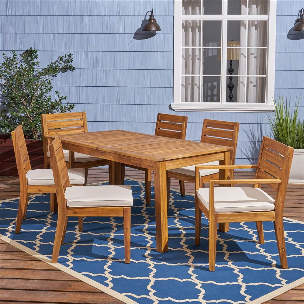 Natural Acacia Wood Outdoor Dining Set with Beige Cushions