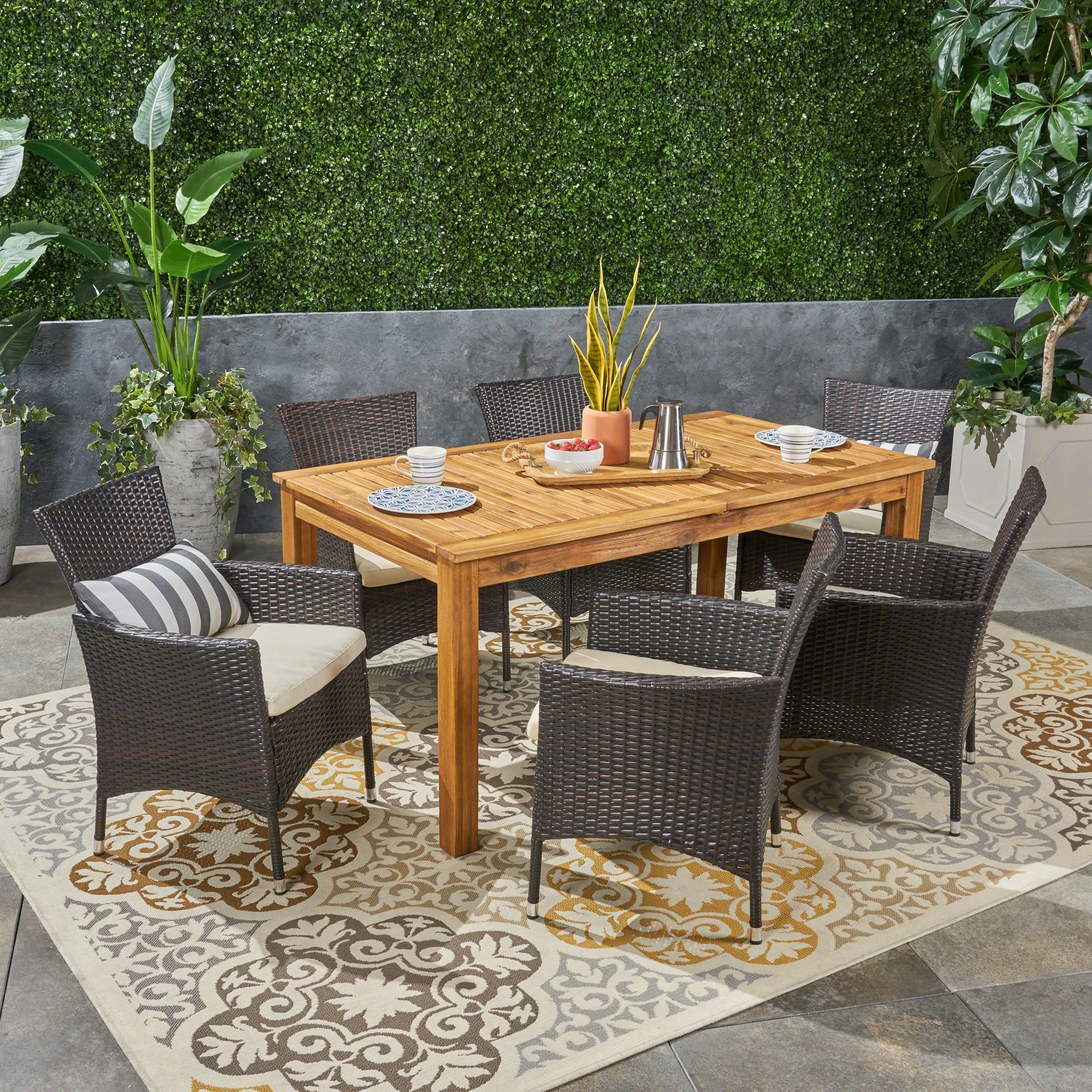 Christopher Knight Home Nora Outdoor 7 Piece Acacia Wood and Wicker Expandable Dining Set by natural multi brown beige cushion