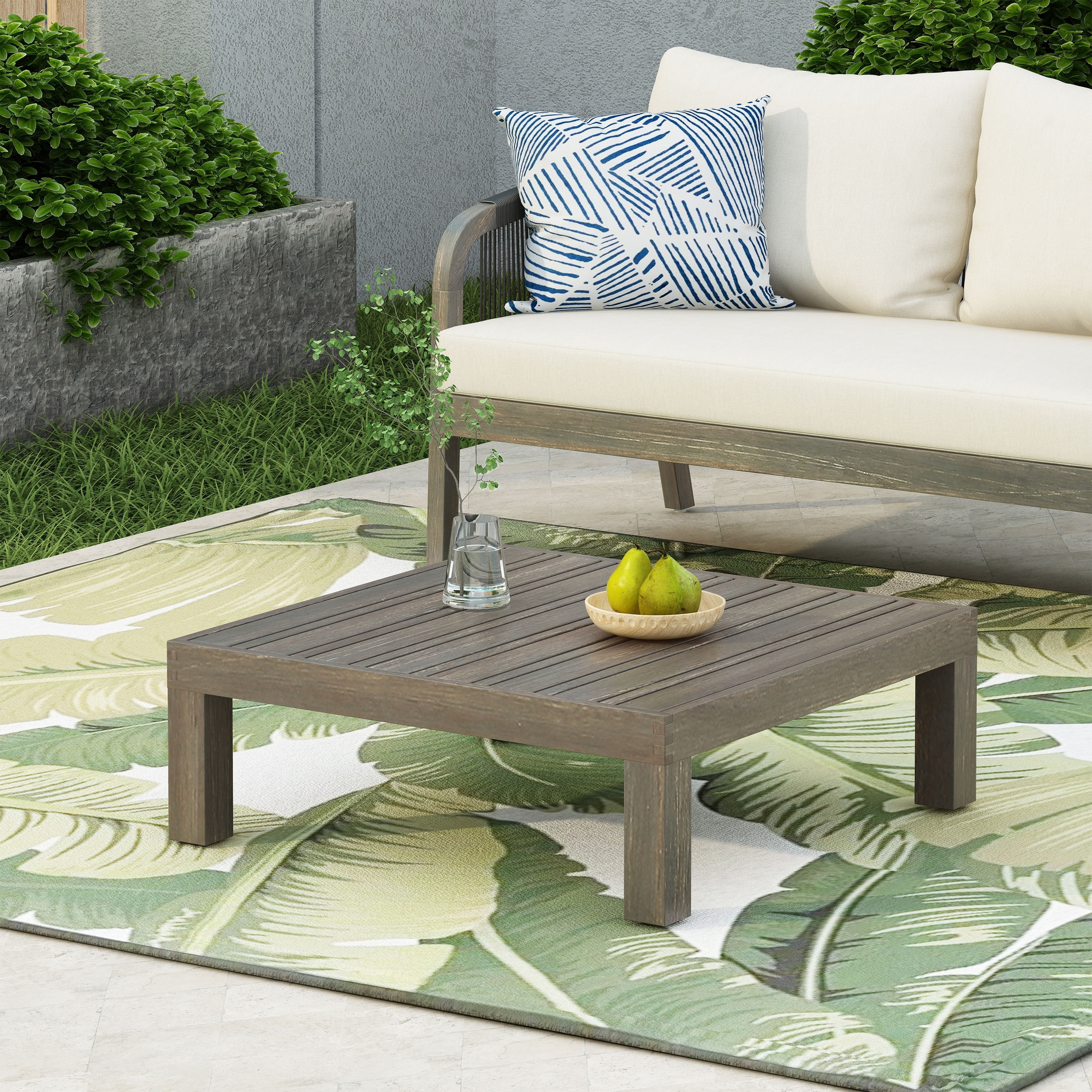 Gray Acacia Wood Outdoor Coffee Table with Slat Panel Design