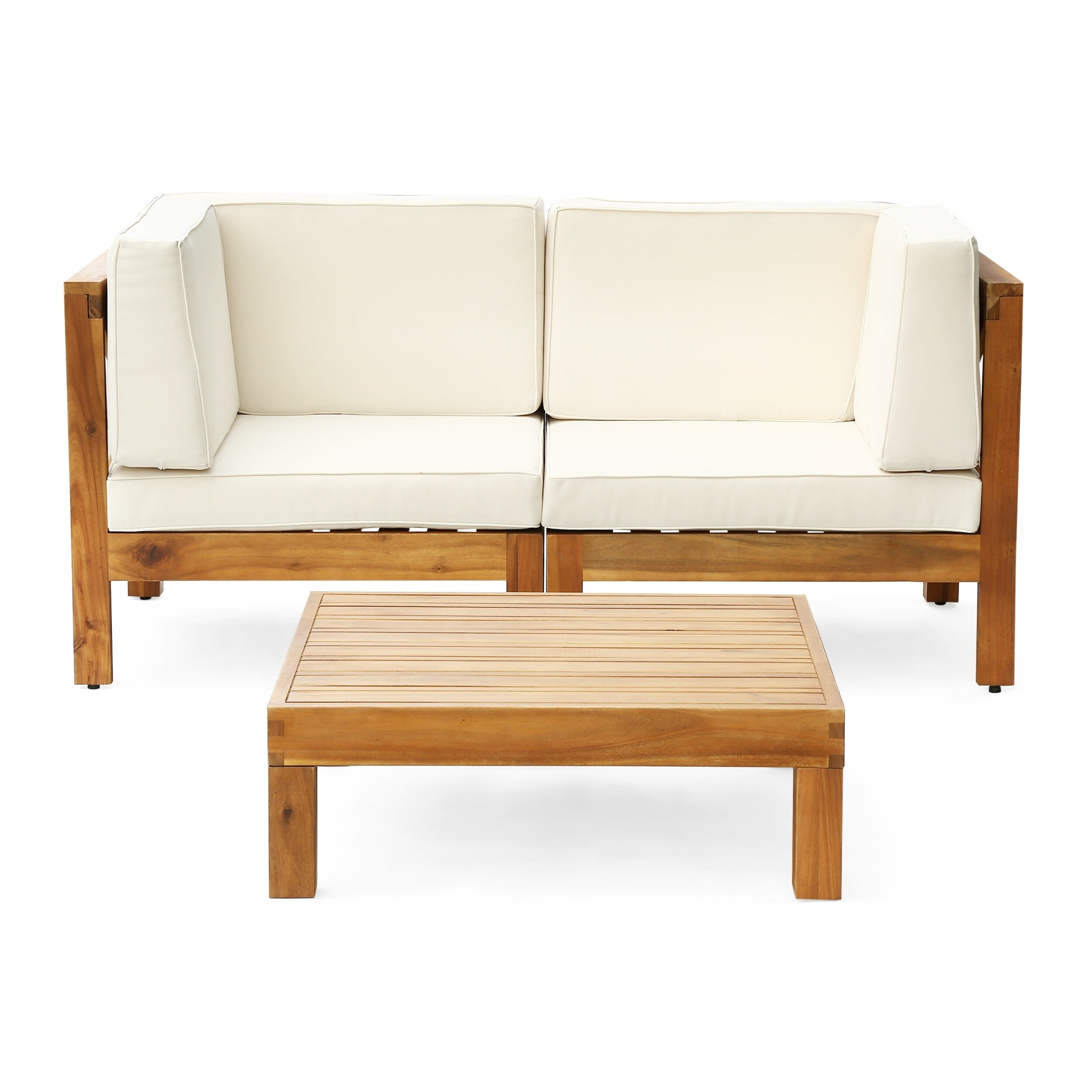 Christopher Knight Home Oana Outdoor 2 Seater Acacia Wood Sectional Loveseat and Coffee Table Set with Cushions by teak beige cushion Walmart