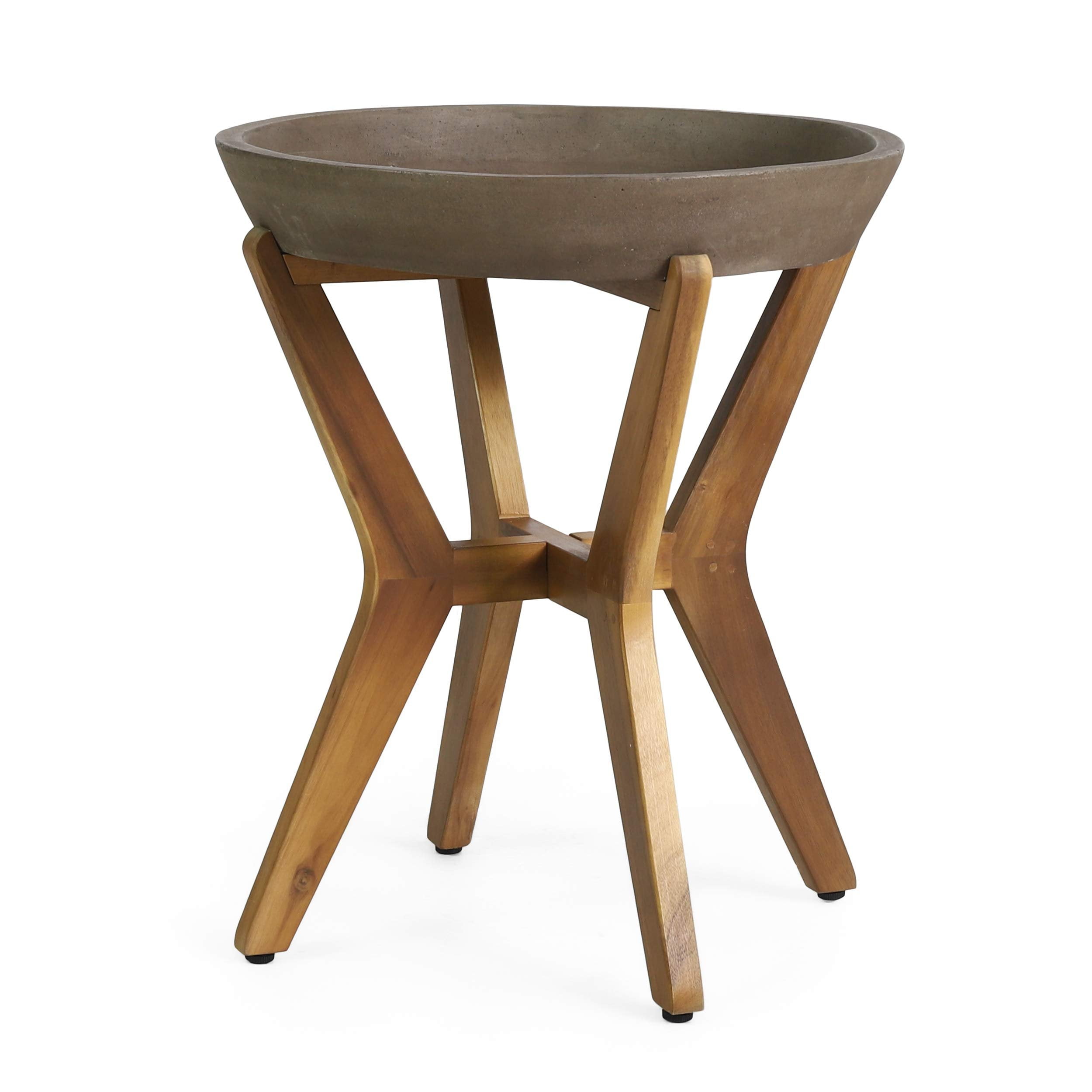 Teak and Light Gray Round Concrete Top Patio Side Table