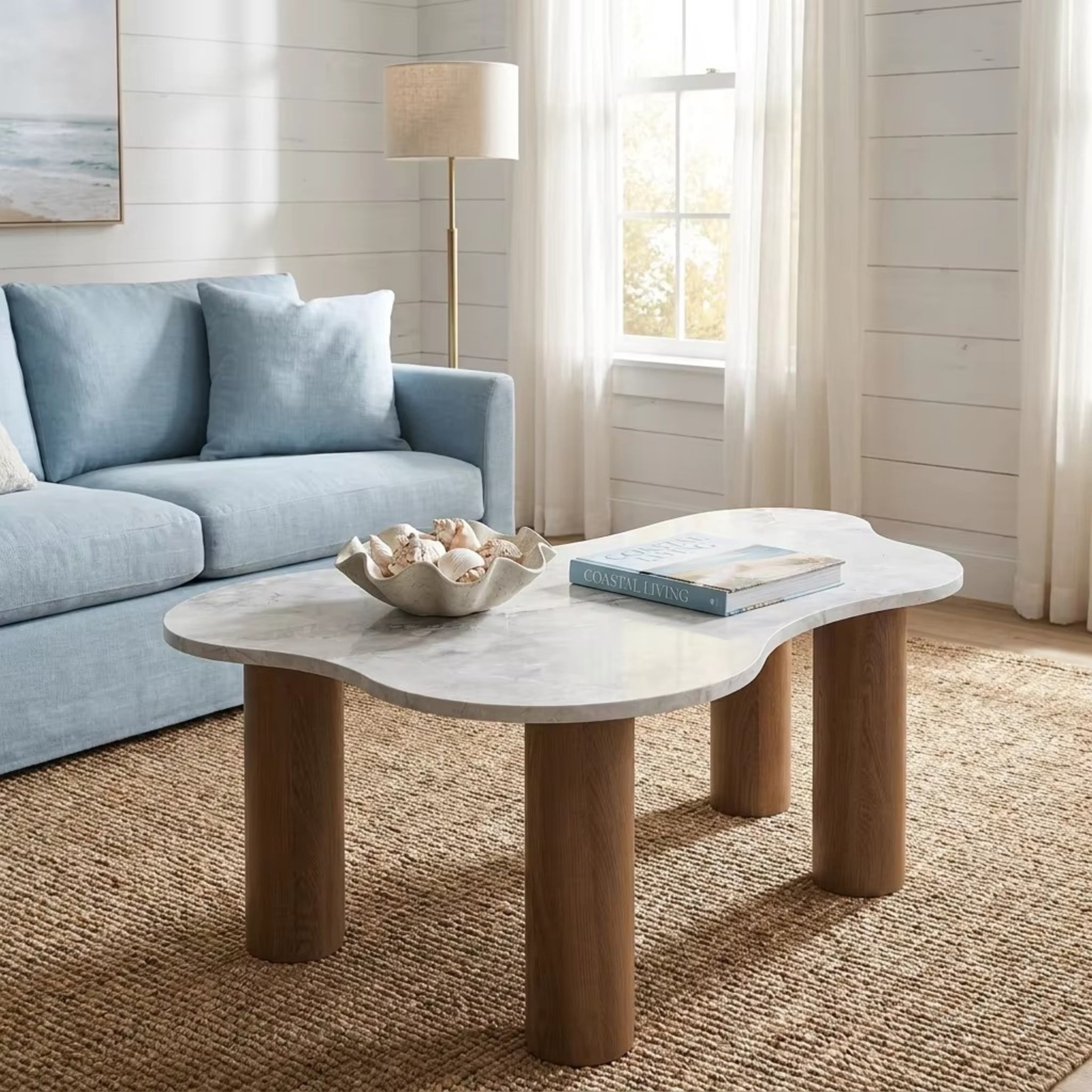Christopher Knight Home Organic Shape Coffee Table with Marble-Look Top and Cylindrical Base