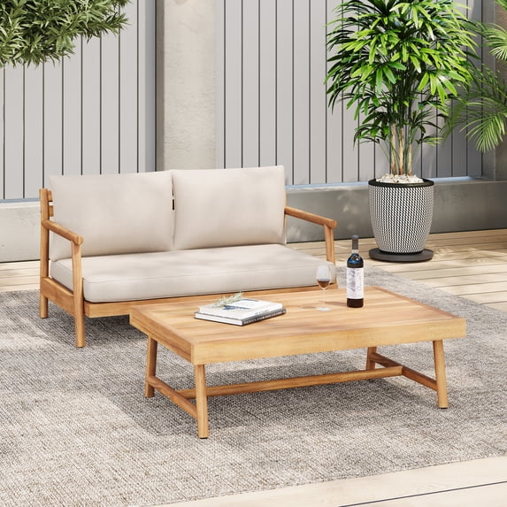 Christopher Knight Home Outdoor 2-Piece Wood Patio Furniture Set, Loveseat with Coffee Table, Beige Cushions, Teak Finish