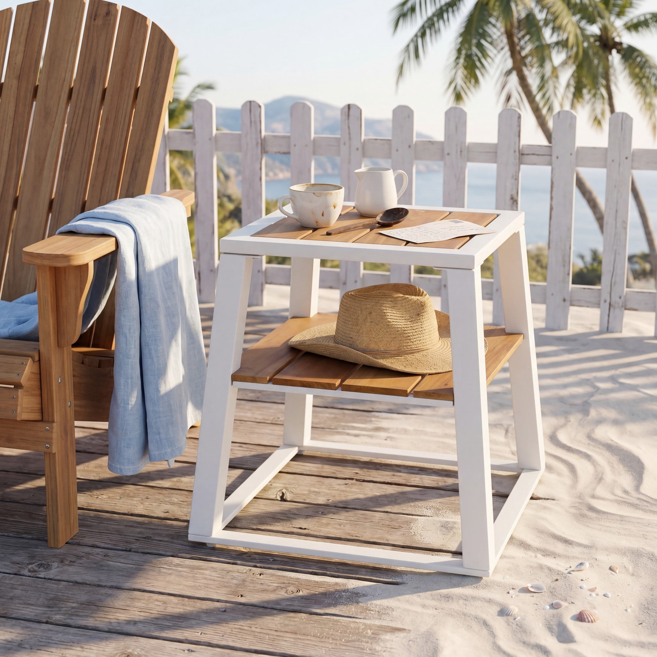 Christopher Knight Home Outdoor 2-Tier Side Table with Storage Shelf, White + Teak