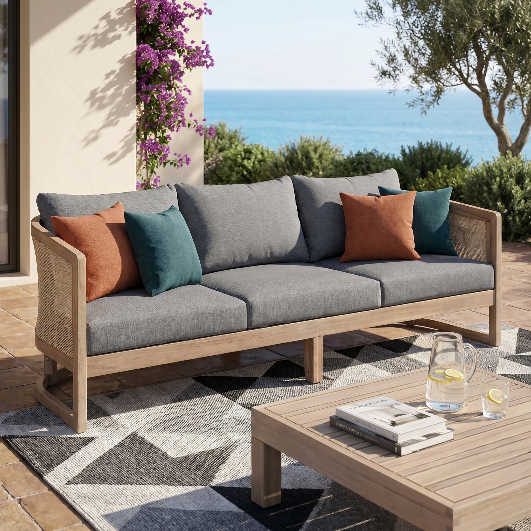 Christopher Knight Home Outdoor 3-Seat Sofa with Curved Acacia Wood Frame & Textilene Upholstery, Light White+Gray