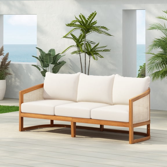 Christopher Knight Home Outdoor 3-Seat Sofa with Curved Acacia Wood Frame & Textilene Upholstery, Teak+Beige