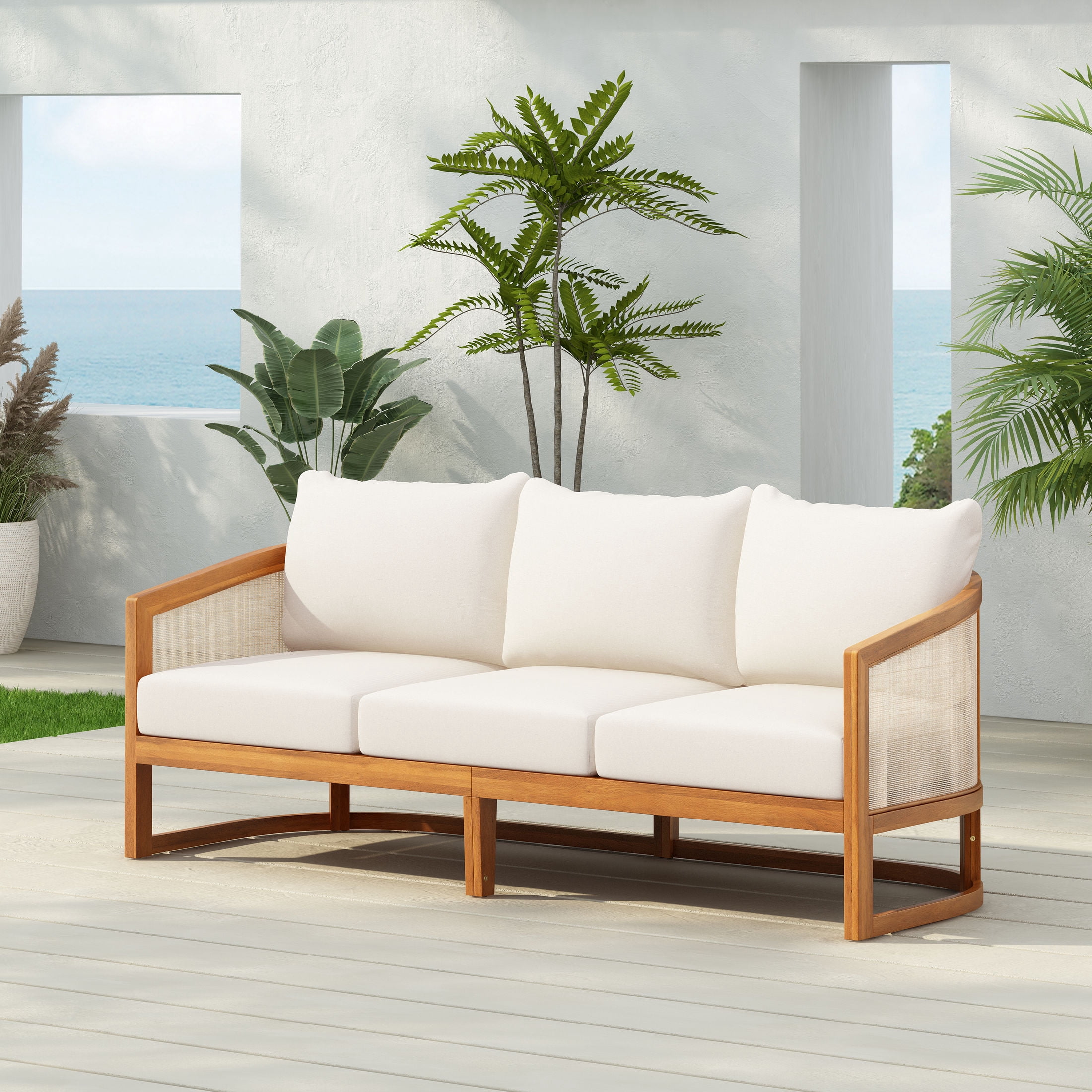 Christopher Knight Home Outdoor 3-Seat Sofa with Curved Acacia Wood Frame & Textilene Upholstery, Teak+Beige