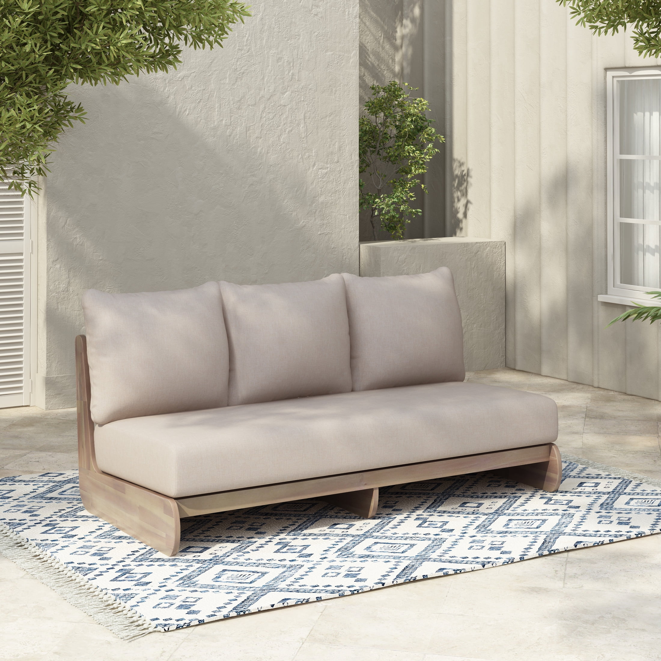 Christopher Knight Home Outdoor 3-Seat Sofa with Reclined Wood Frame & Water-Resistant Cushions, Light White+Sand