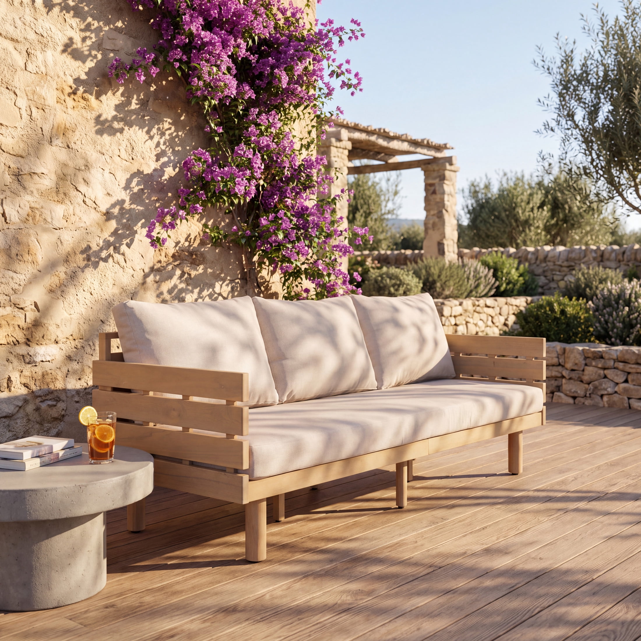Christopher Knight Home Outdoor 3-Seater Sofa, Acacia Wood Patio Couch with Cushions, Light Teak+Beige