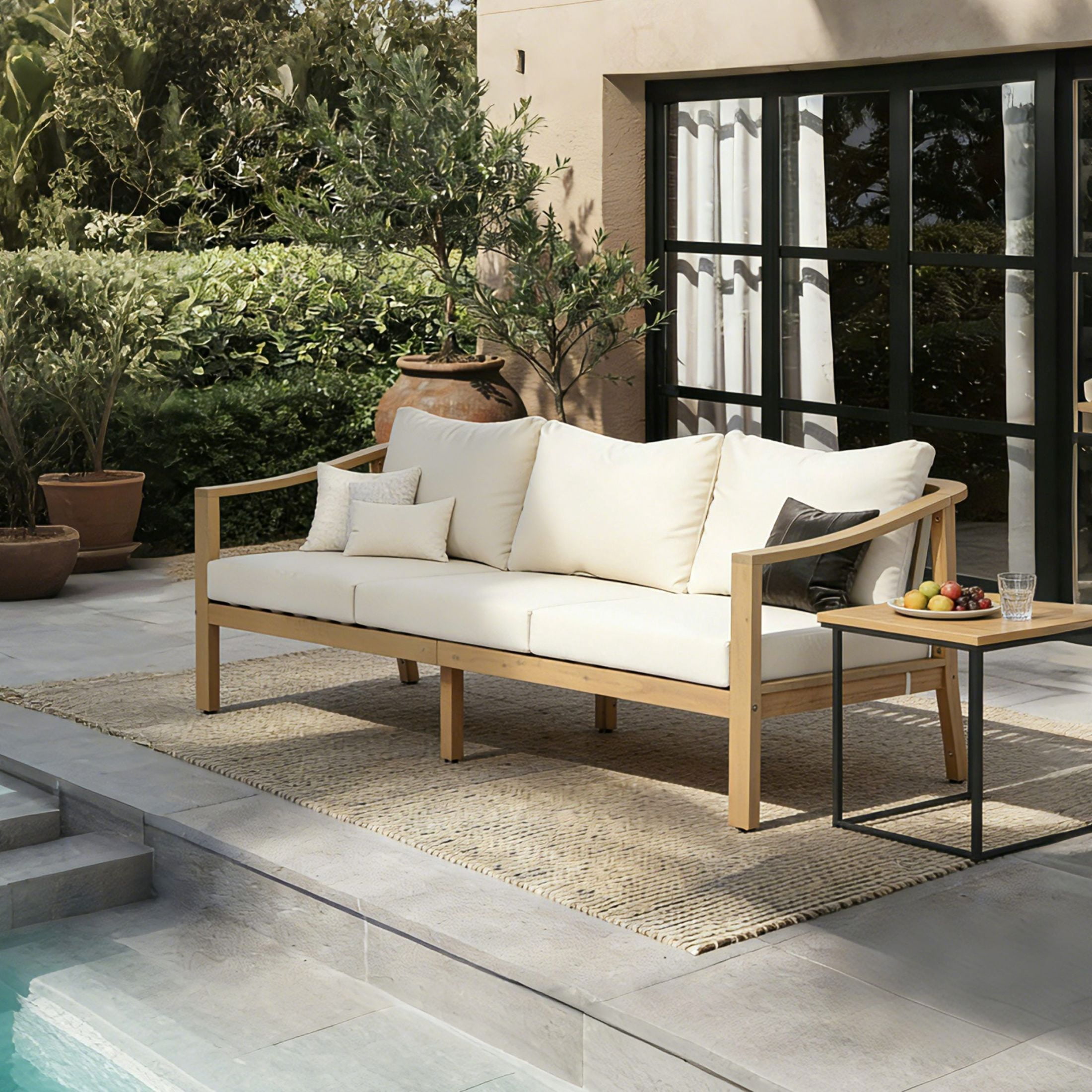 Christopher Knight Home Outdoor 3-Seater Sofa with Slatted Back and Cushions, Light Teak + Cream
