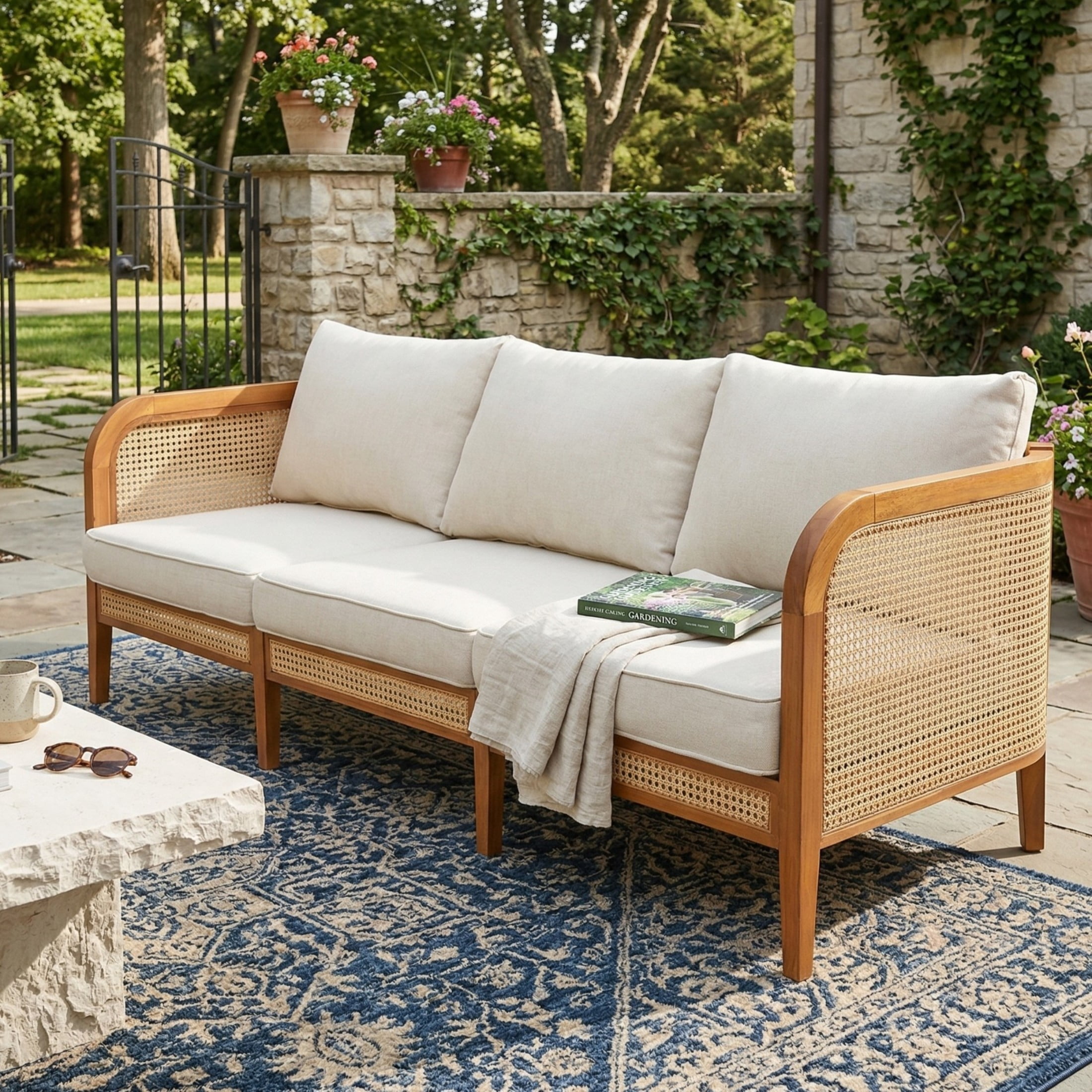 Christopher Knight Home Outdoor 3 Seater Sofa with Wicker, Beige Cushions, Teak